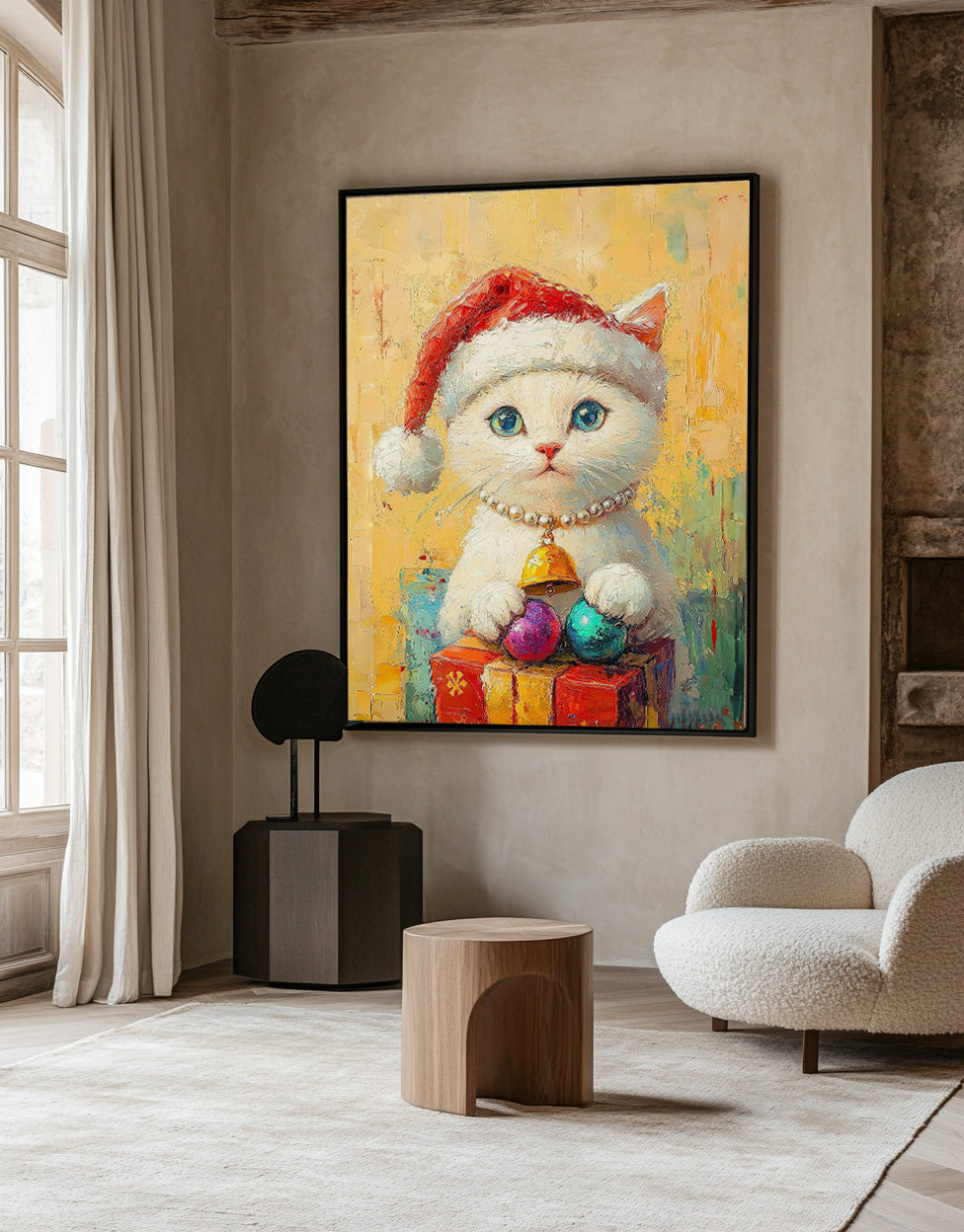 Texture Christmas Animal Oil Painting Large Christmas Cat Oil Painting Cat Holding A Gift Wall Art decor Art