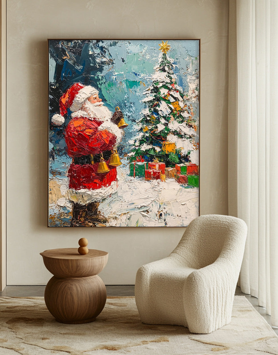 Vintage Santa Claus Christmas Tree and Painting Christmas Wall Art Rustic Classic Santa Xmas Holiday Decor