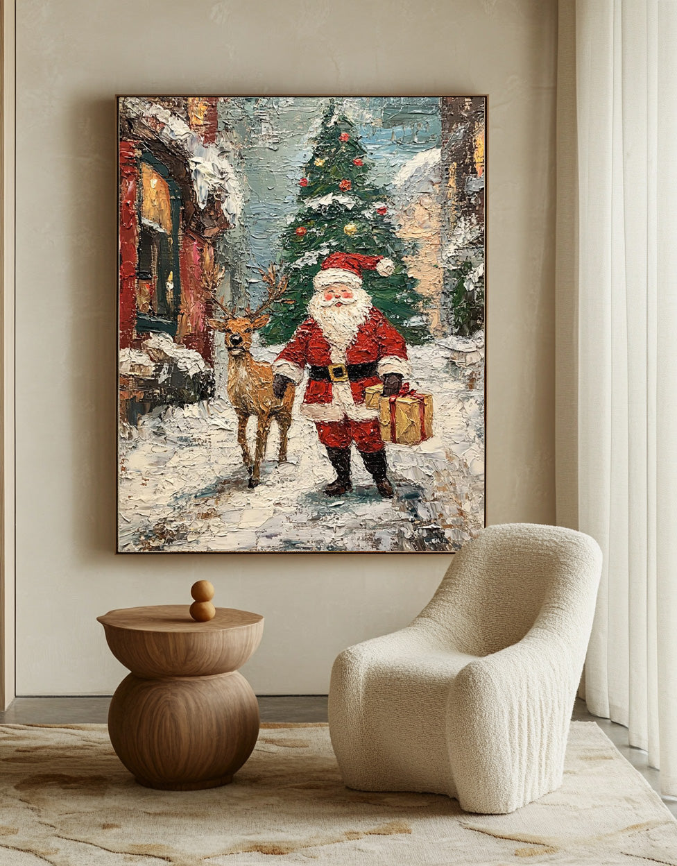 Christmas Wall Art Vintage Santa Claus Christmas Tree and Painting Rustic Classic Santa Xmas Holiday Decor