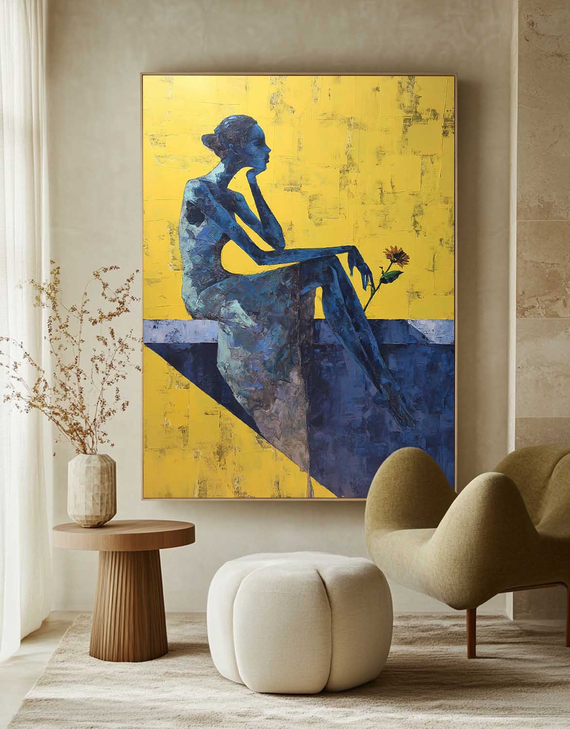 Textured Abstract Painting Pensive Lady Impasto Style Wall Art Contemporary Meditative Female Portrait Artwork