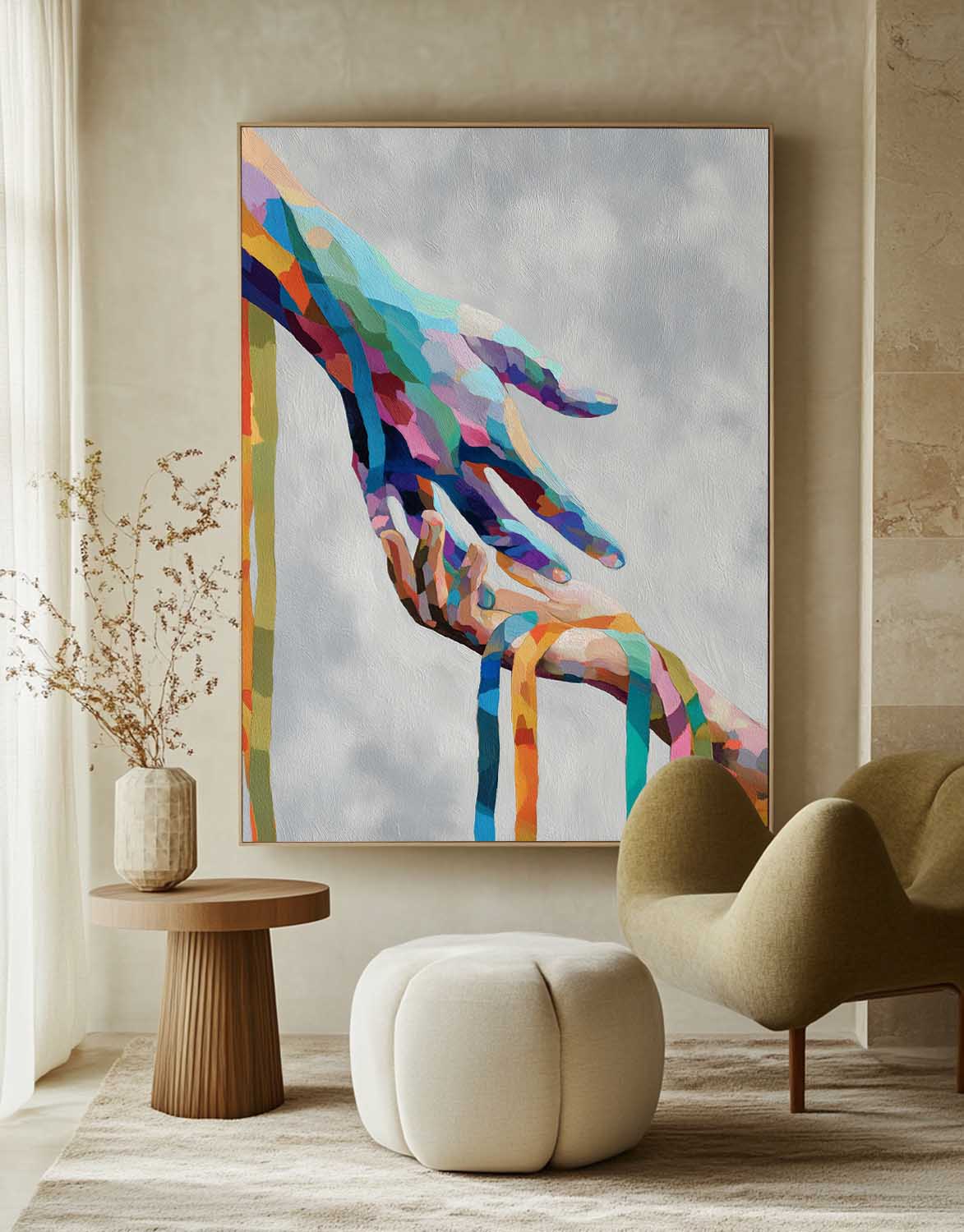Vibrant Abstract Color Hands Connecting Art Modern Geometric Wall Decor Minimalist Unique Love & Unity Home Art