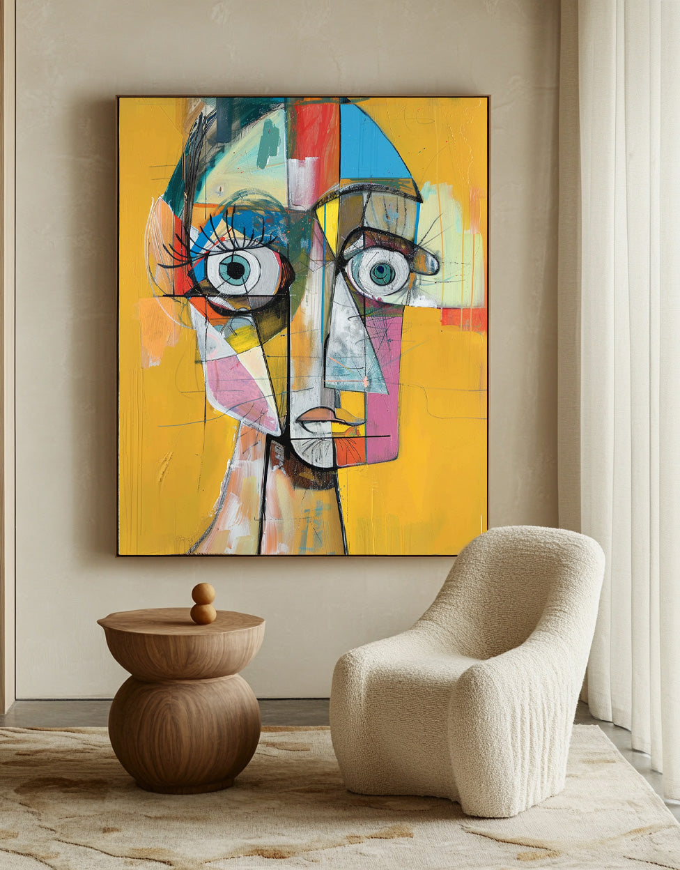 Original Bold Yellow Artwork Modern Facial Wall Art Expressive Abstract Faces Painting Home Decor