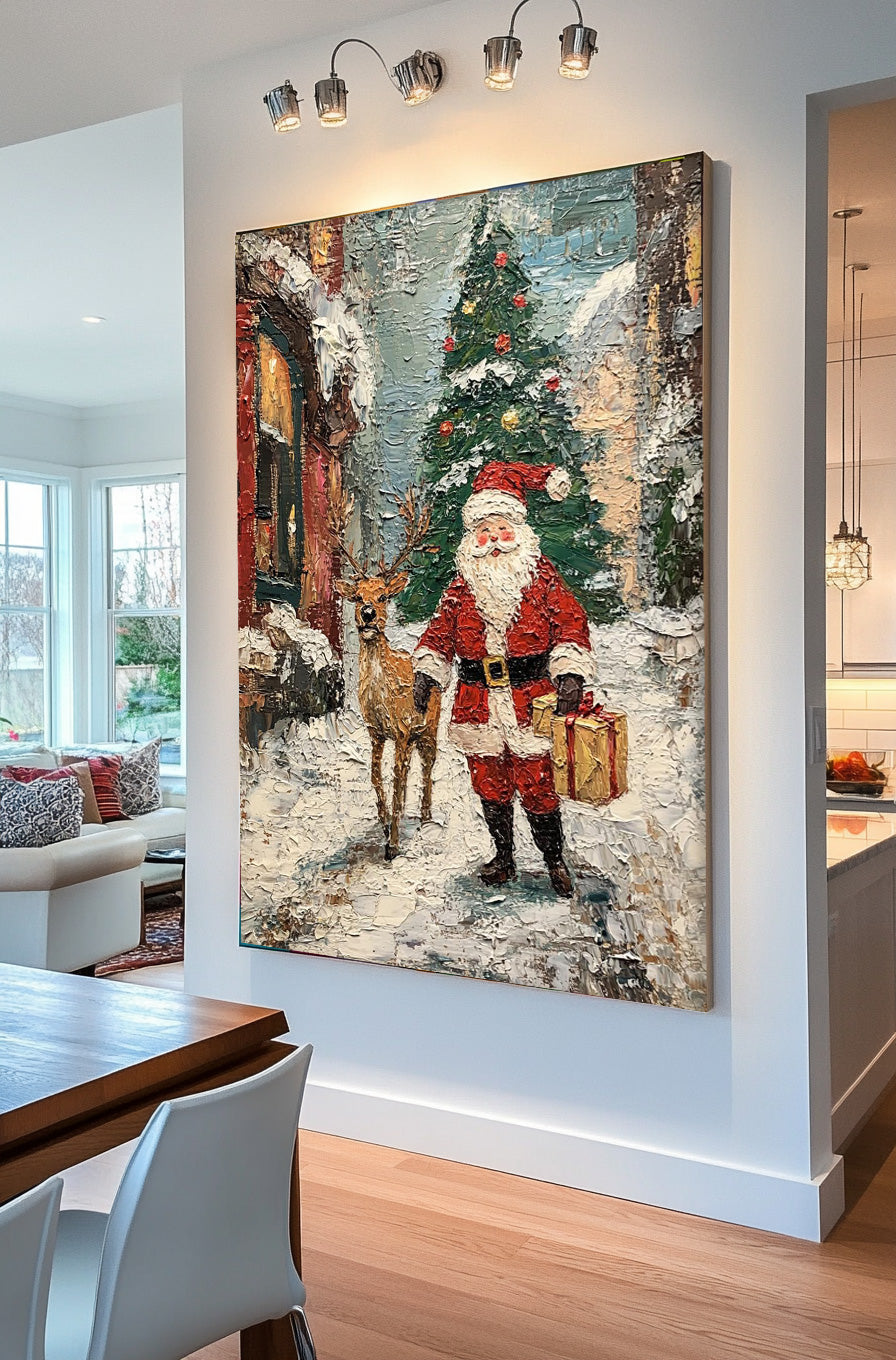 Christmas Wall Art Vintage Santa Claus Christmas Tree and Painting Rustic Classic Santa Xmas Holiday Decor