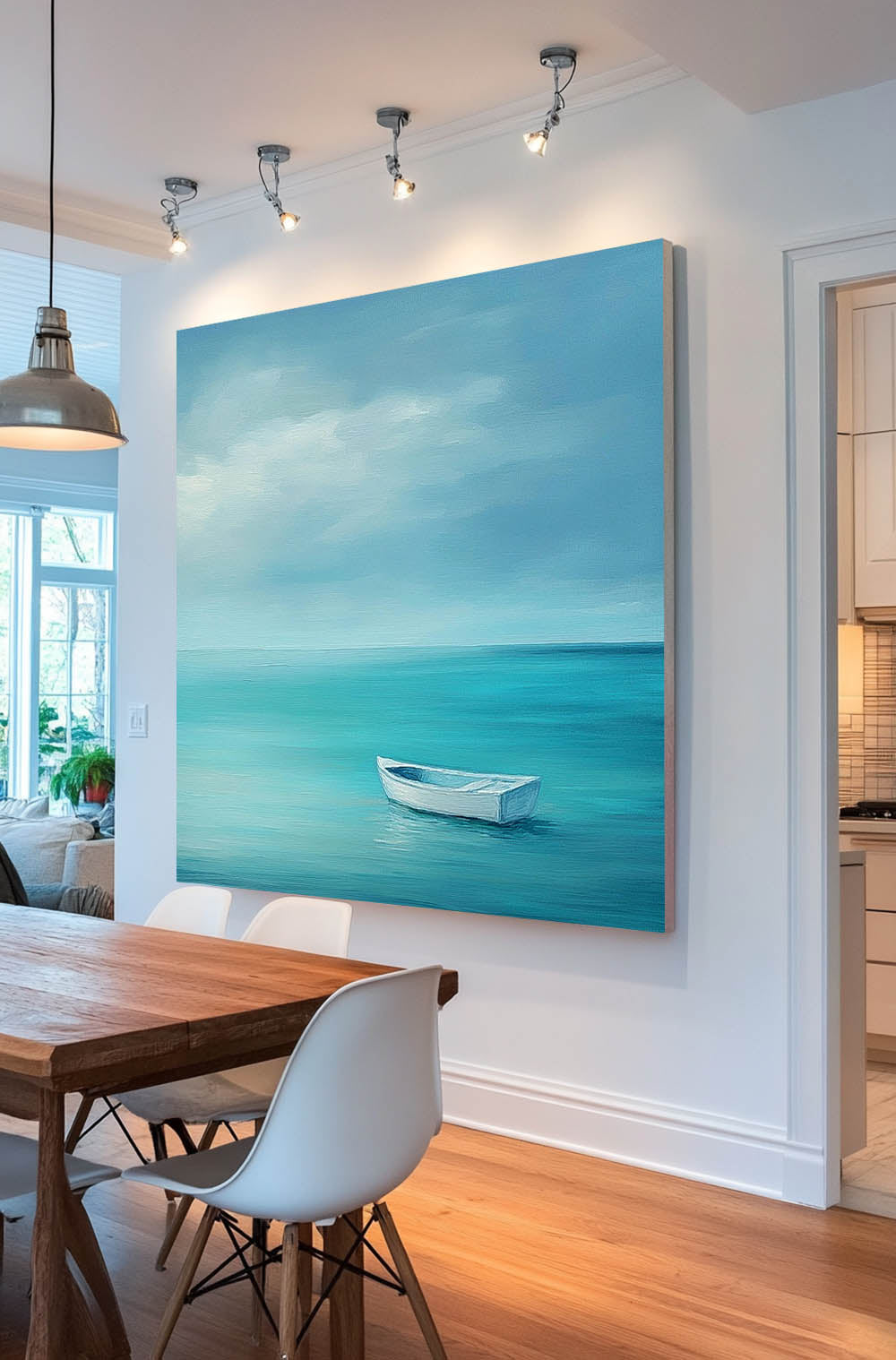 Large Small Boat Wall Art Seaside Landscape Artwork Abstract Offing Scenery Oil Painting Framed Home Decor