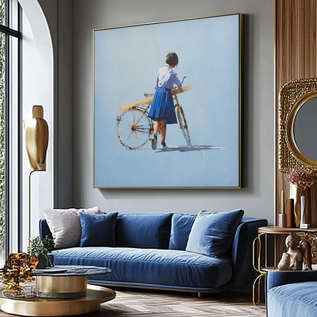 Minimalist Girl Riding A Bicycle Painting Blue Wall Art Abstract Warm atmosphere Art For Living Room