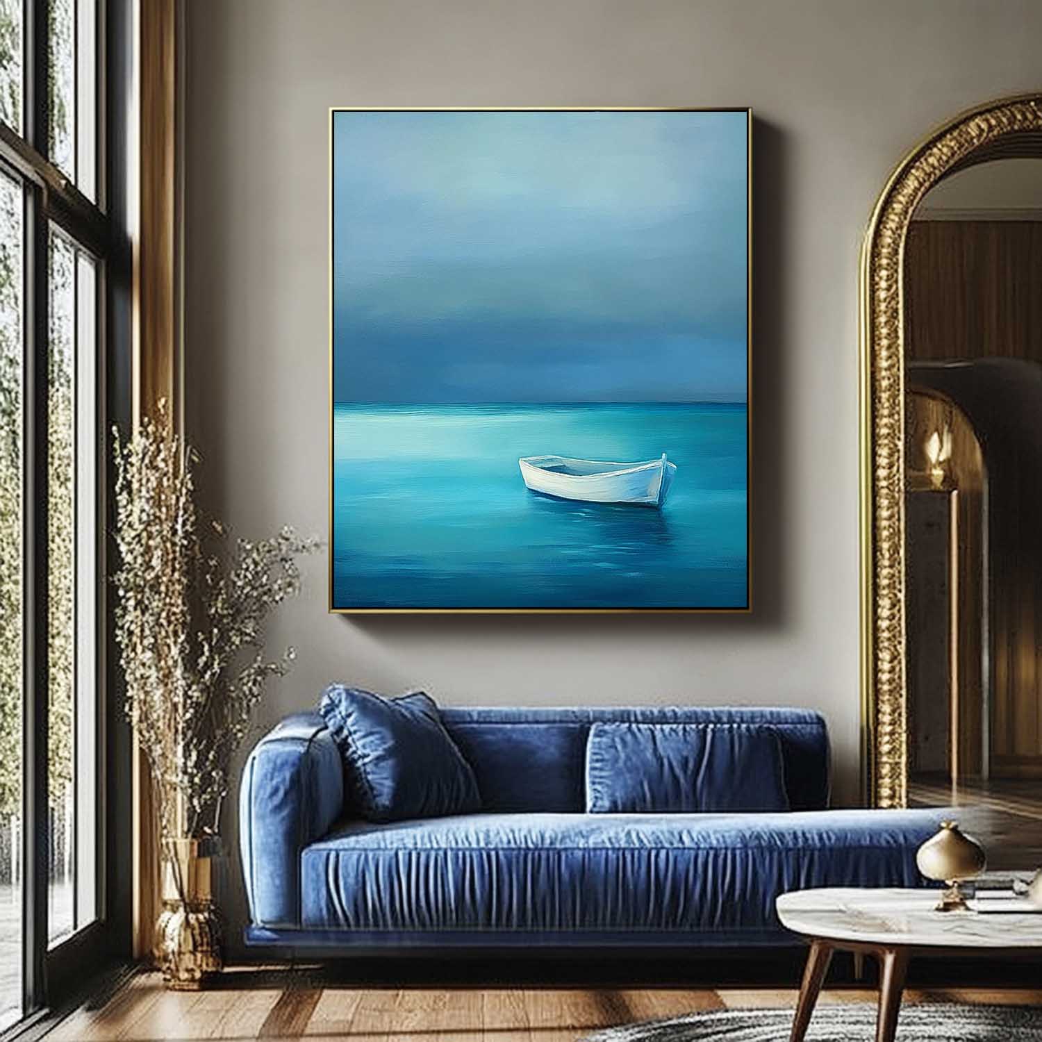 Seaside Landscape Artwork Abstract Offing Scenery Oil Painting Framed Large Small Boat Wall Art Home Decor