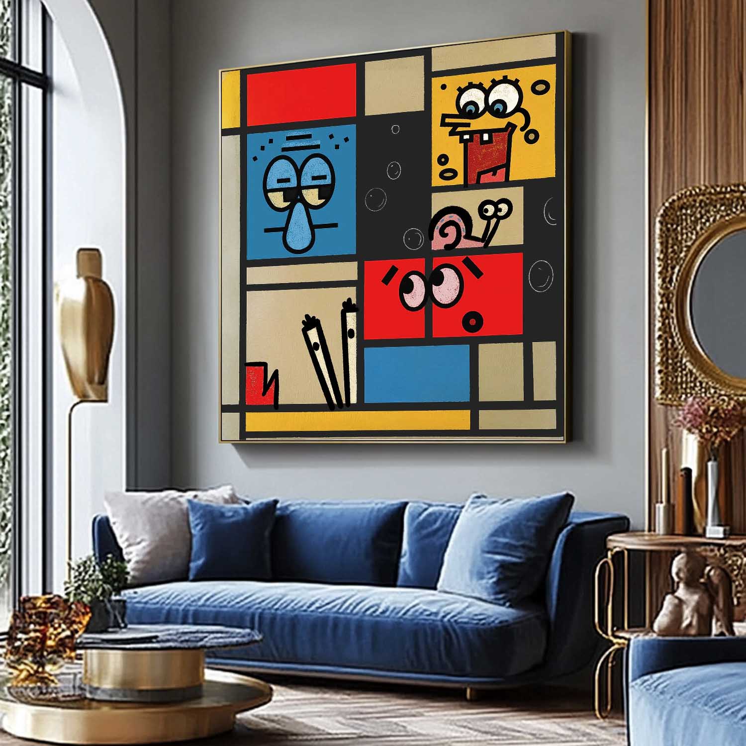 Geometric Cartoon Large Texture Abstract Wall Art Abstract SpongeBob Oil Painting Canvas Framed Home Decor