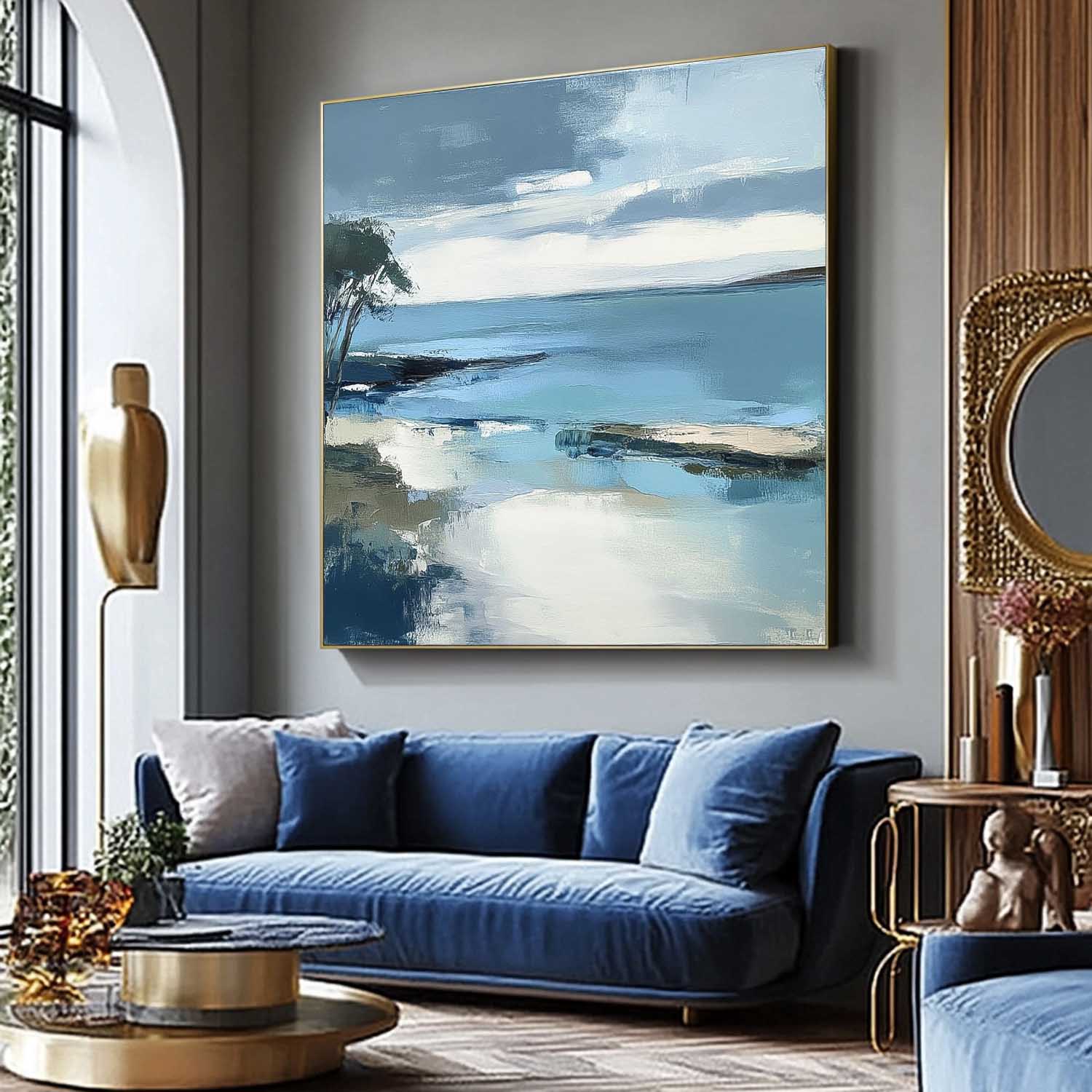 Large Blue Texture Wall Art Seaside Landscape Artwork Abstract Offing Scenery Oil Painting Framed Home Decor