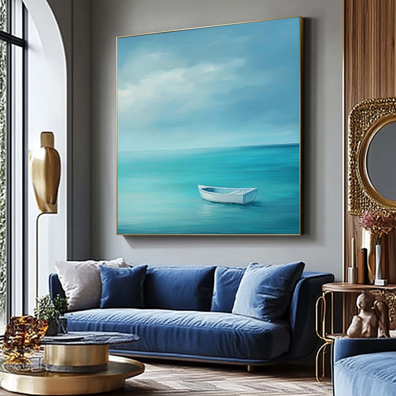 Large Small Boat Wall Art Seaside Landscape Artwork Abstract Offing Scenery Oil Painting Framed Home Decor
