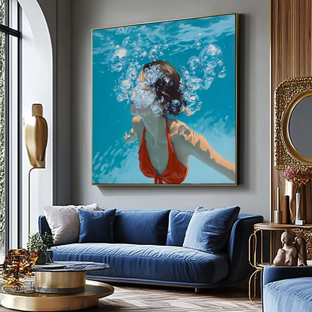 Lovely Lady Artwork Square Diving In Ocean Sensual Woman Acrylic Painting Original Girl swimming Wall Art
