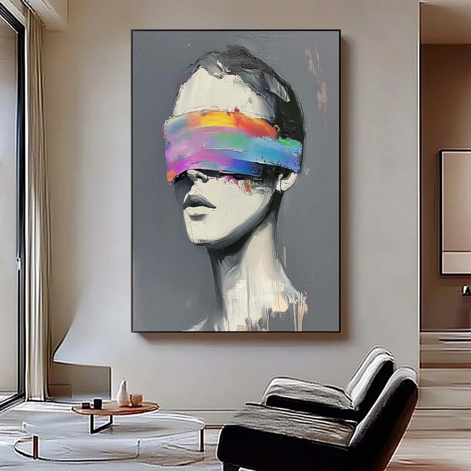 Abstract Artwork Large Grey Acrylic Painting Framed Original Faceless Portrait Contemporary Wall Art