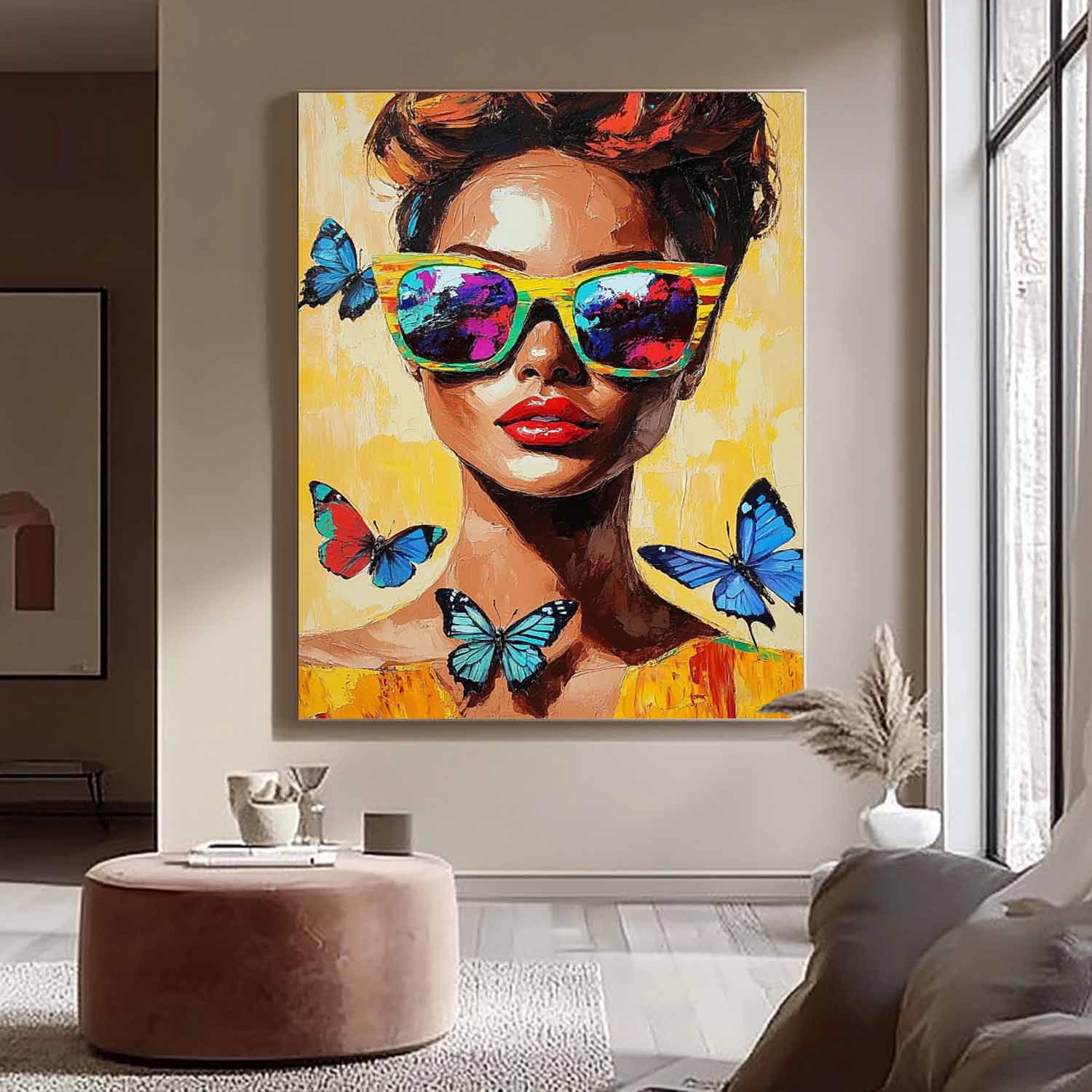 Abstract Butterfly Oil Painting On Canvas Vibrant Yellow Original Texture Girl Wall Art Lady Modern Artwork