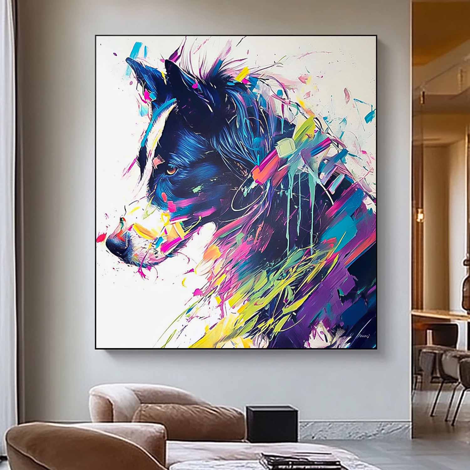 Square Pooch Oil Painting Canvas Large Colorful Animal Artwork Original Lovely Dog Wall Art Home Decor