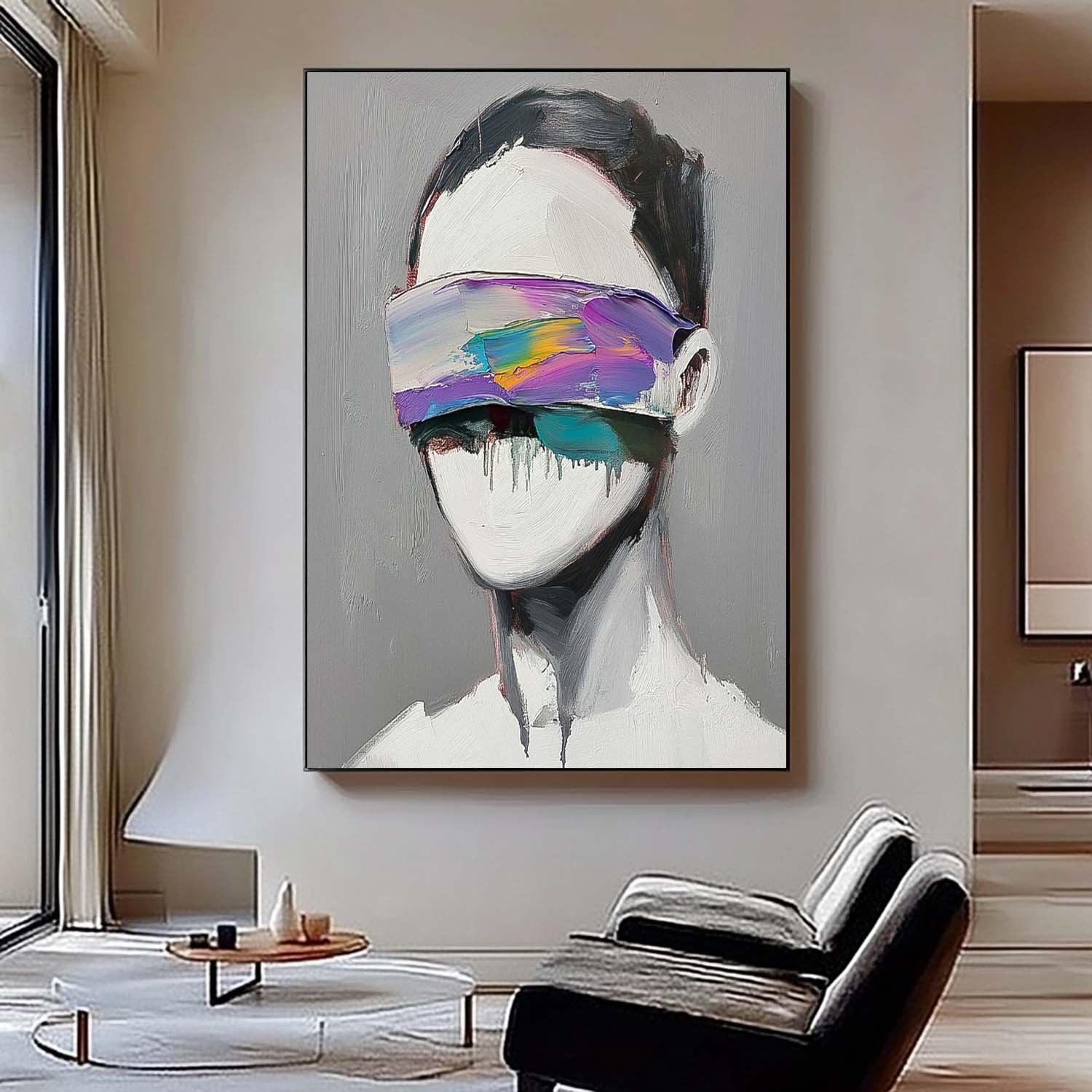 Original Faceless Portrait Contemporary Wall Art Large Grey Acrylic Painting Framed Abstract Artwork