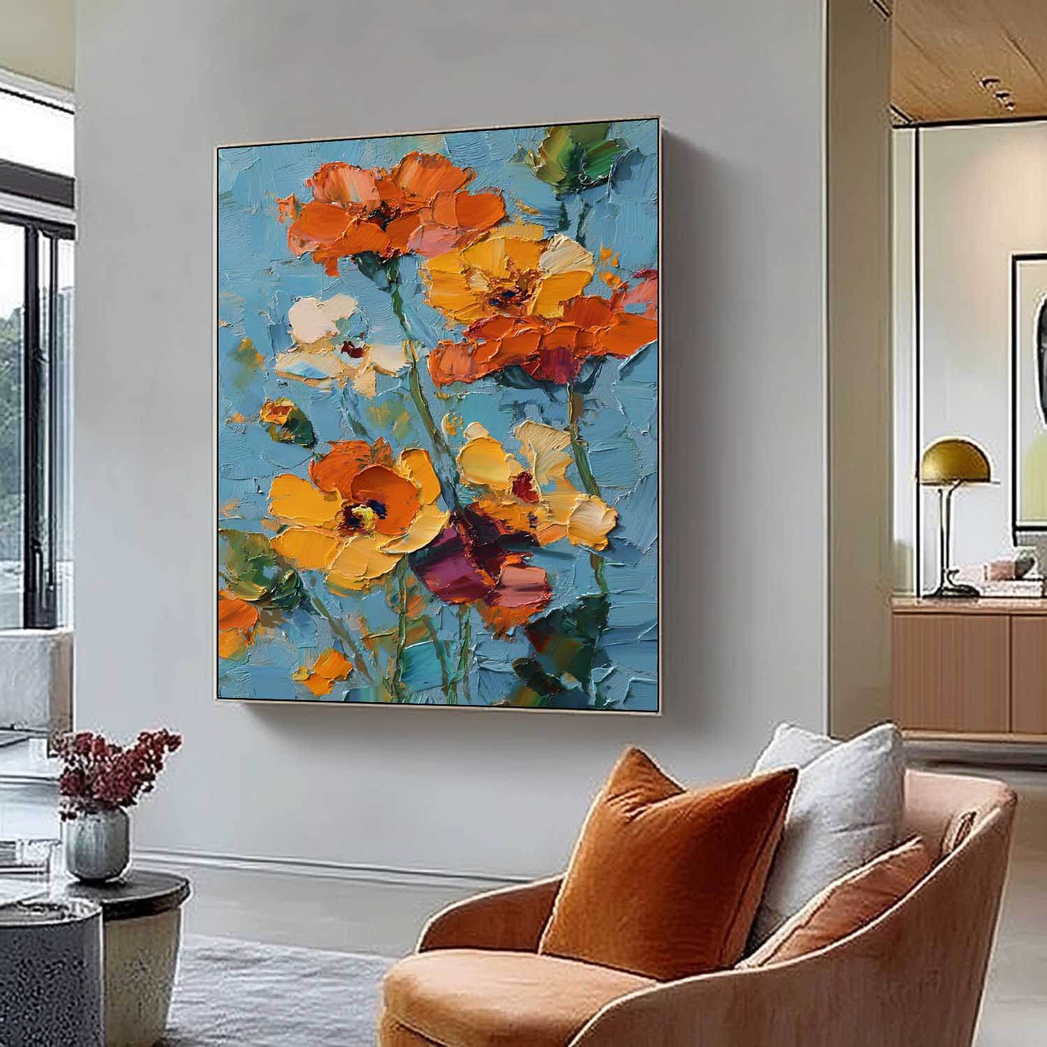 Impasto Oil Floral Bouquet Wall Art Vibrant Orange-Yellow Blooms On Teal Background Textured Modern Home Decor