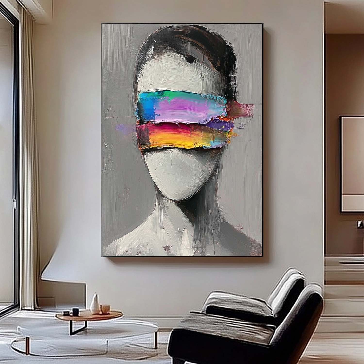 Large Grey Acrylic Painting Framed Original Faceless Portrait Contemporary Wall Art Abstract Artwork
