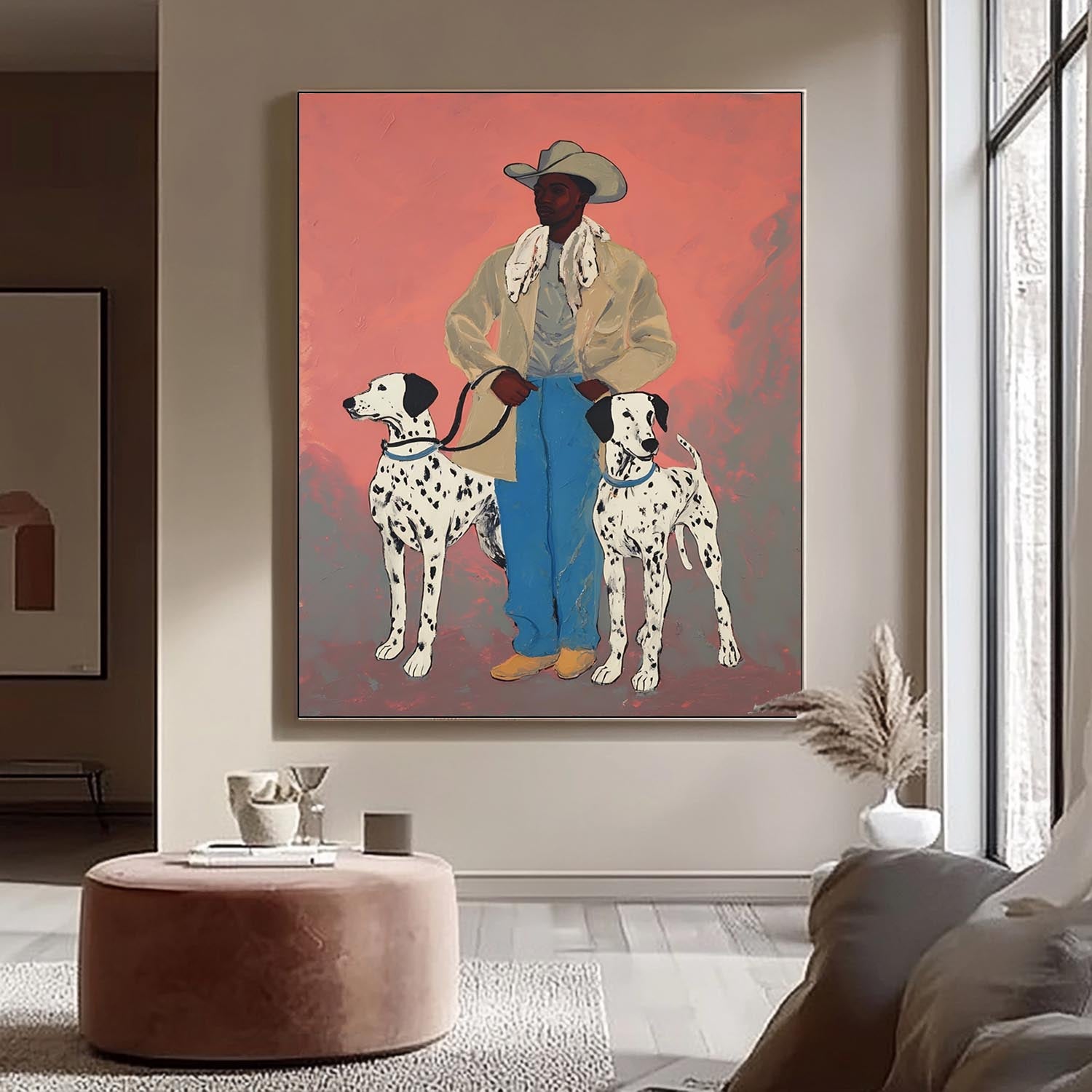 Vintage Cowboy With Dalmatian Dogs Handpainted Painting Western Style Wall Art Unique Animal Painting Dog Lovers