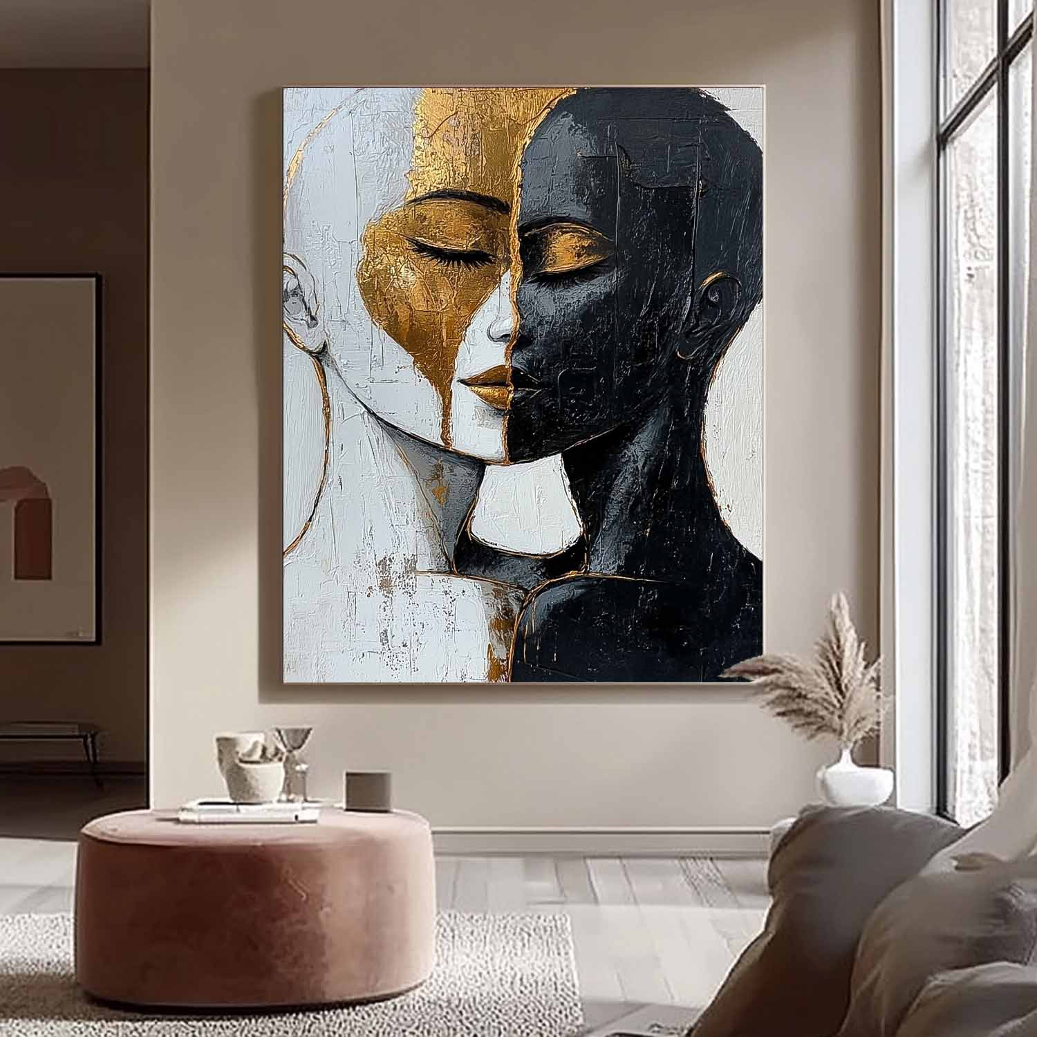 Abstract Black And Gold Artwork Large Duet Acrylic Painting Original Lovers Contemporary Wall Art Framed
