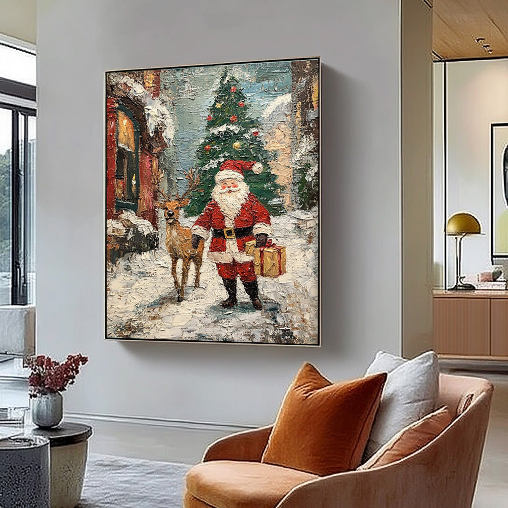 Christmas Wall Art Vintage Santa Claus Christmas Tree and Painting Rustic Classic Santa Xmas Holiday Decor