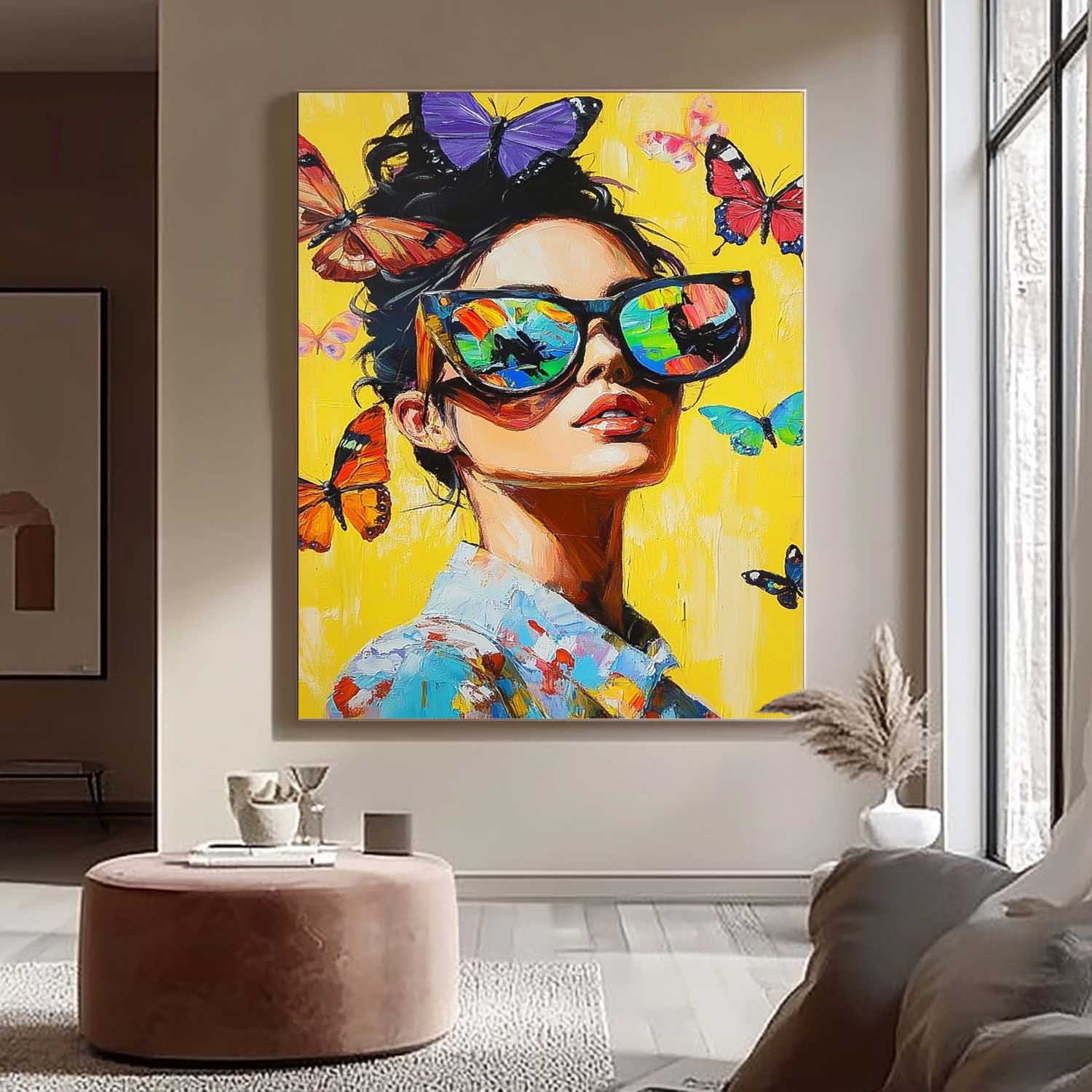 Vibrant Yellow Original Texture Girl Wall Art Abstract Butterfly Oil Painting On Canvas Lady Modern Artwork