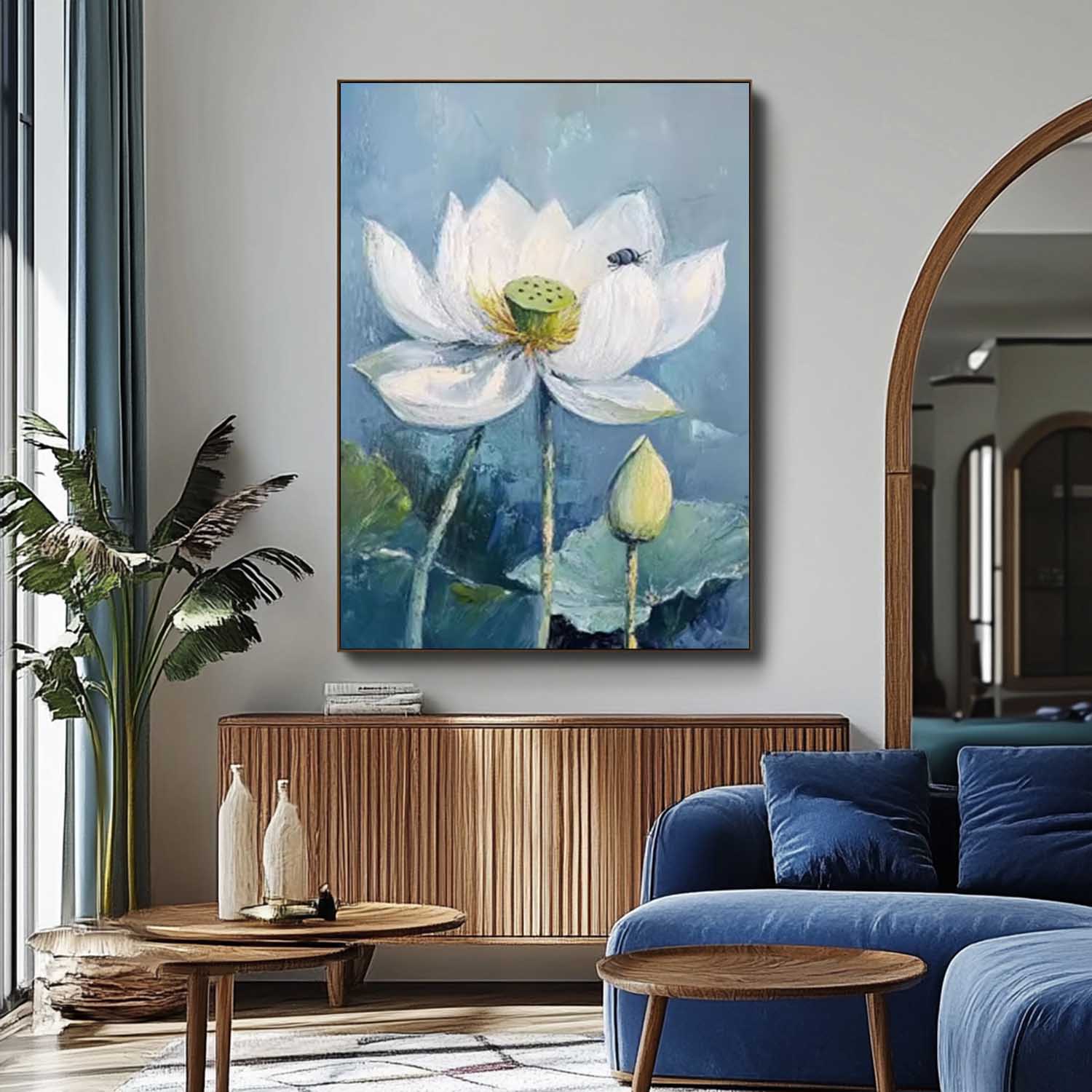 Big Original Texture Beautiful Blue Flowers Artwork Abstract Lotus Flower Oil Painting On Canvas Framed
