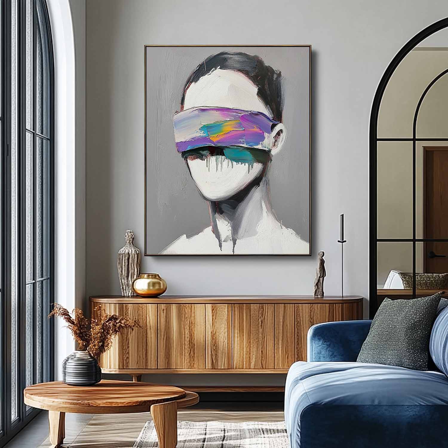 Original Faceless Portrait Contemporary Wall Art Large Grey Acrylic Painting Framed Abstract Artwork