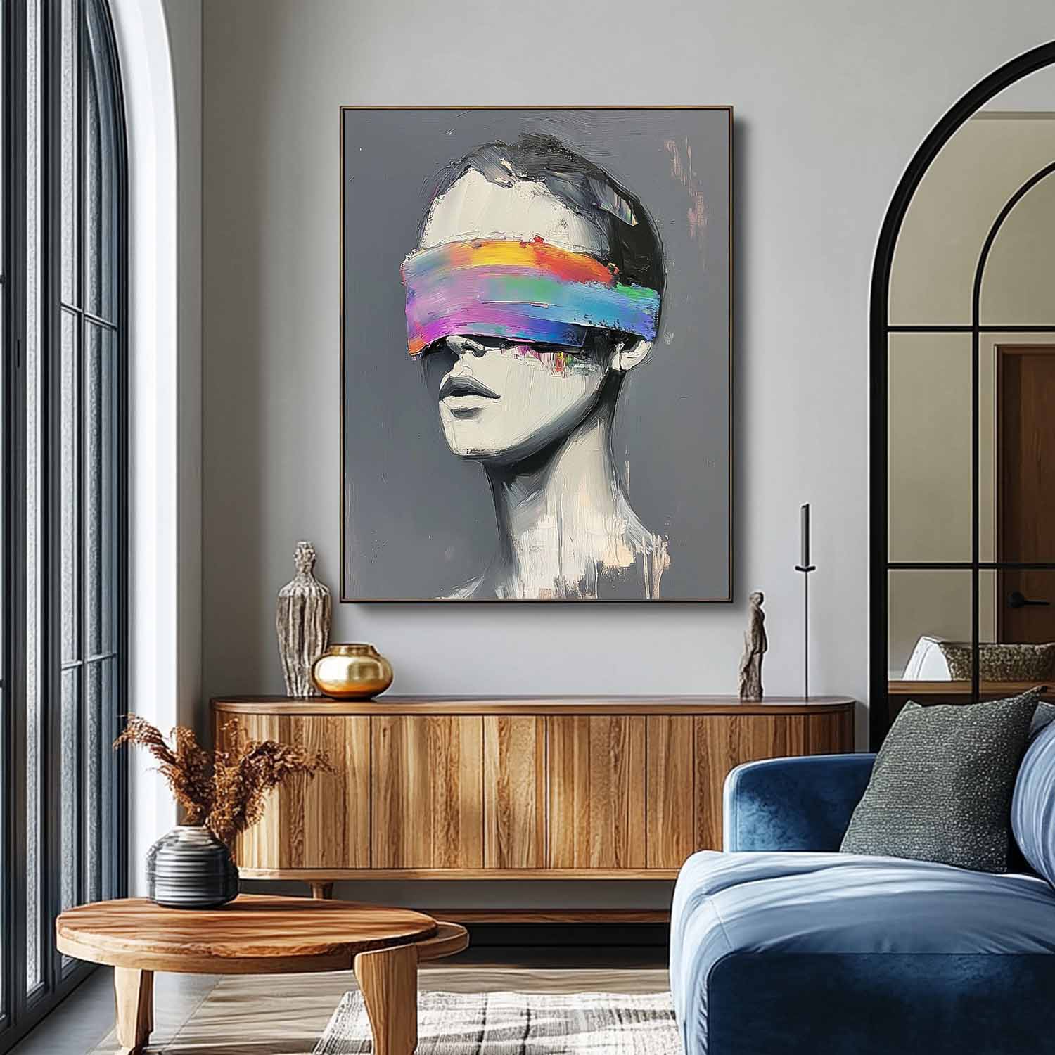 Abstract Artwork Large Grey Acrylic Painting Framed Original Faceless Portrait Contemporary Wall Art