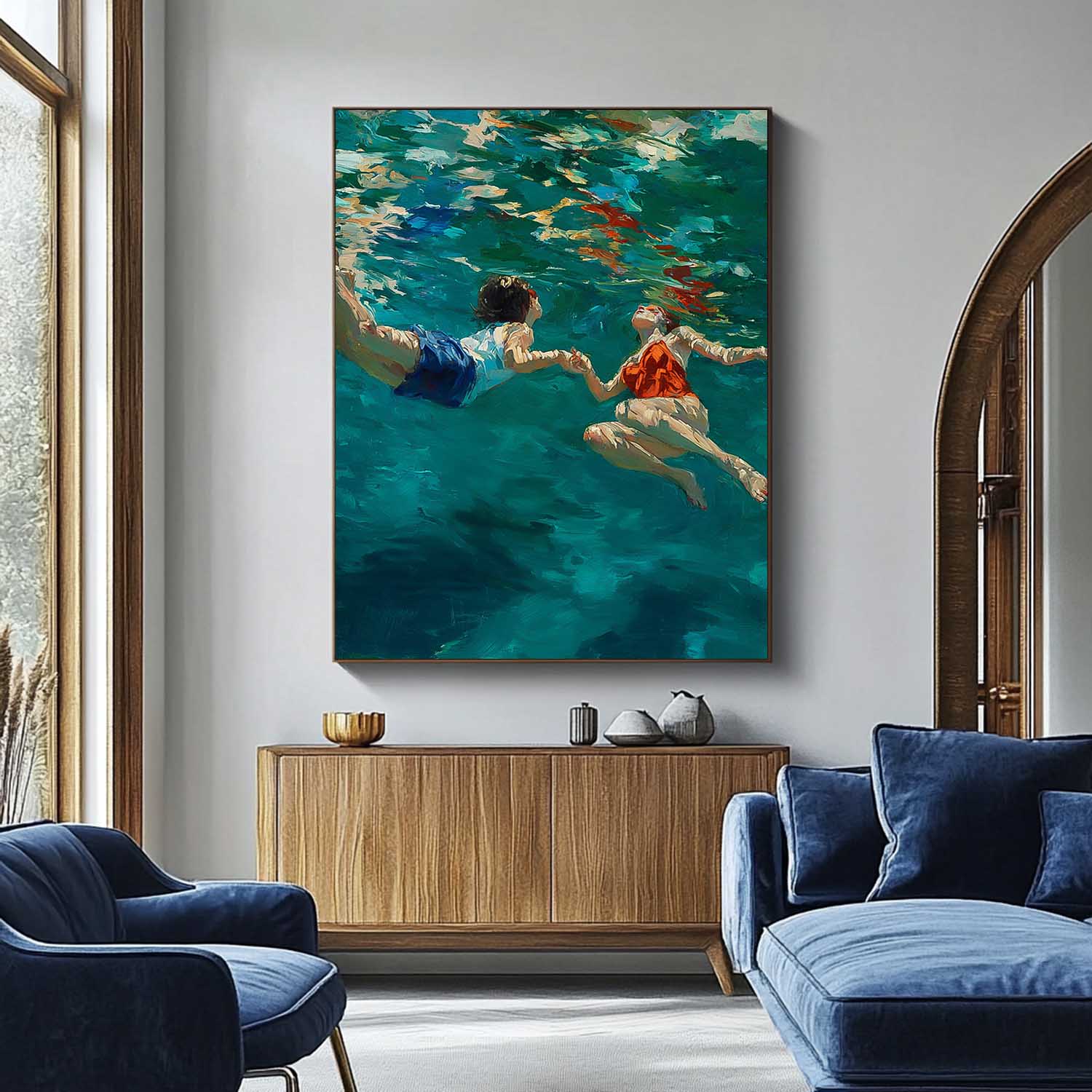 Original Diving Wall Art Abstract Two People playing In Water Oil Painting Canvas Modern Swimming Artwork
