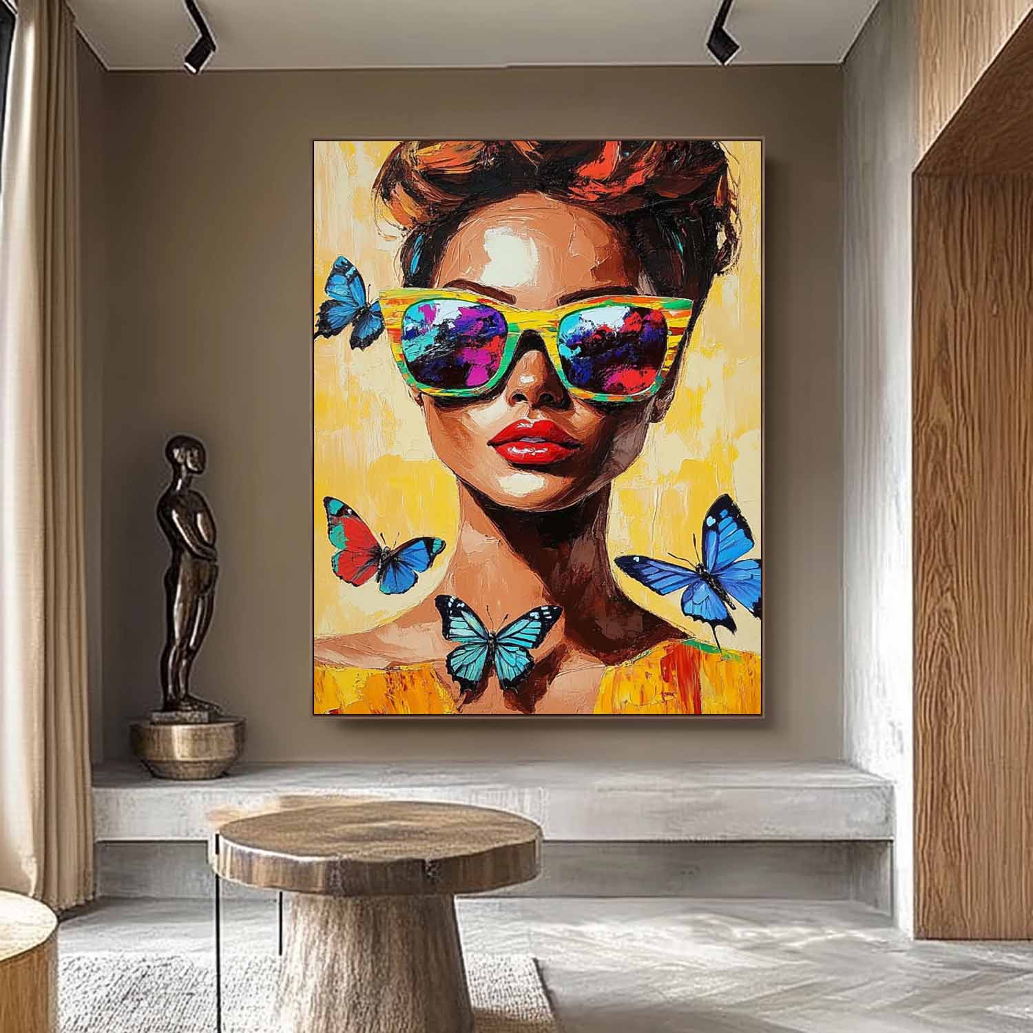 Abstract Butterfly Oil Painting On Canvas Vibrant Yellow Original Texture Girl Wall Art Lady Modern Artwork