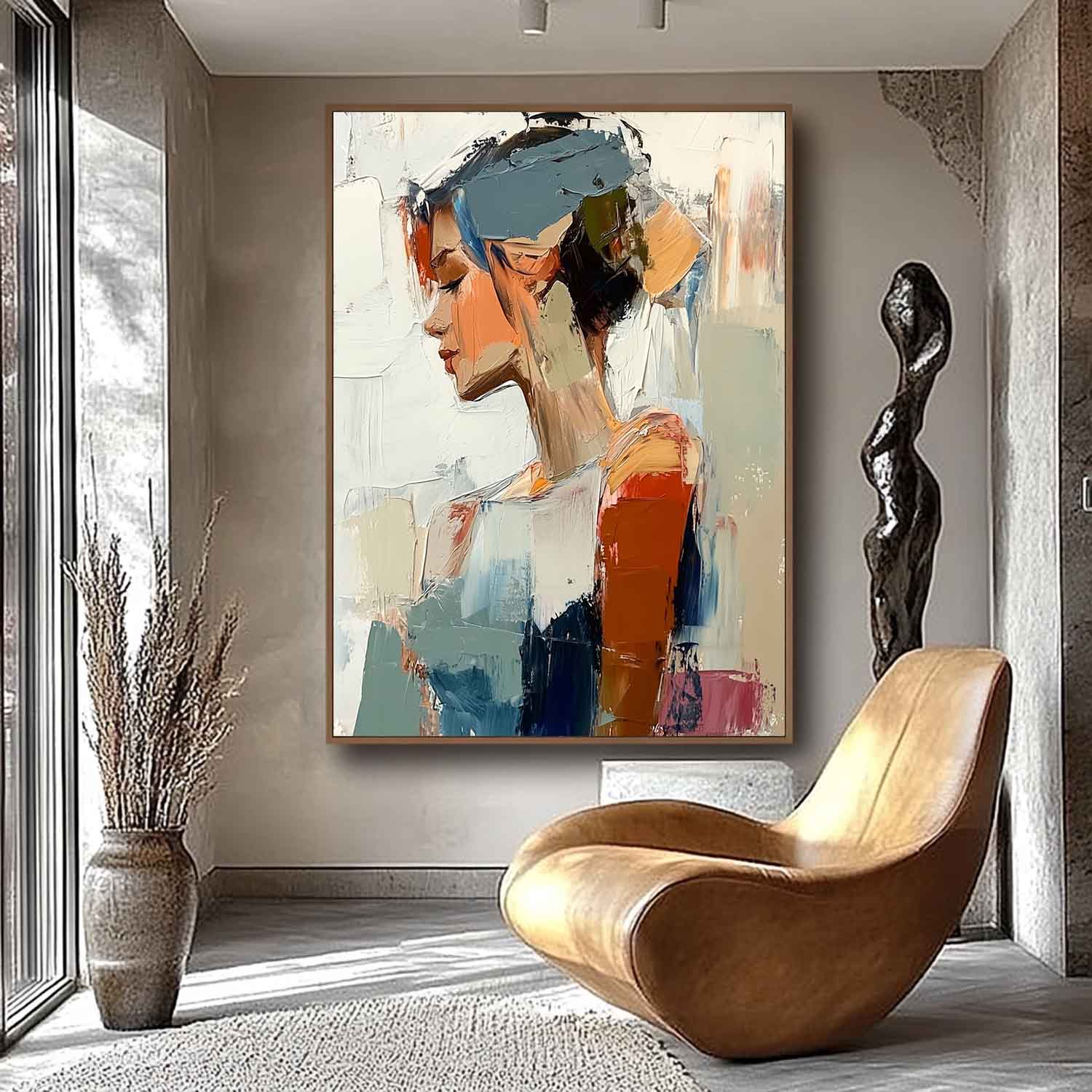 Abstract Figure Profile Oil Painting On Canvas Original Texture Girl Wall Art Portrait Modern Artwork
