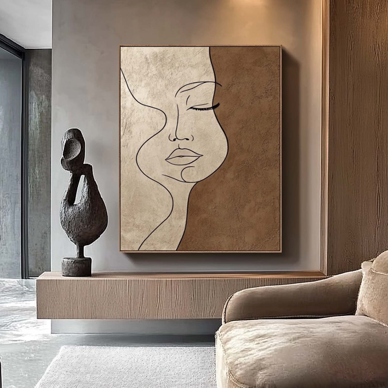 Brown Original Figure Acrylic Painting Large Women Face Abstract Wall Art Portrait Artwork Home Decor