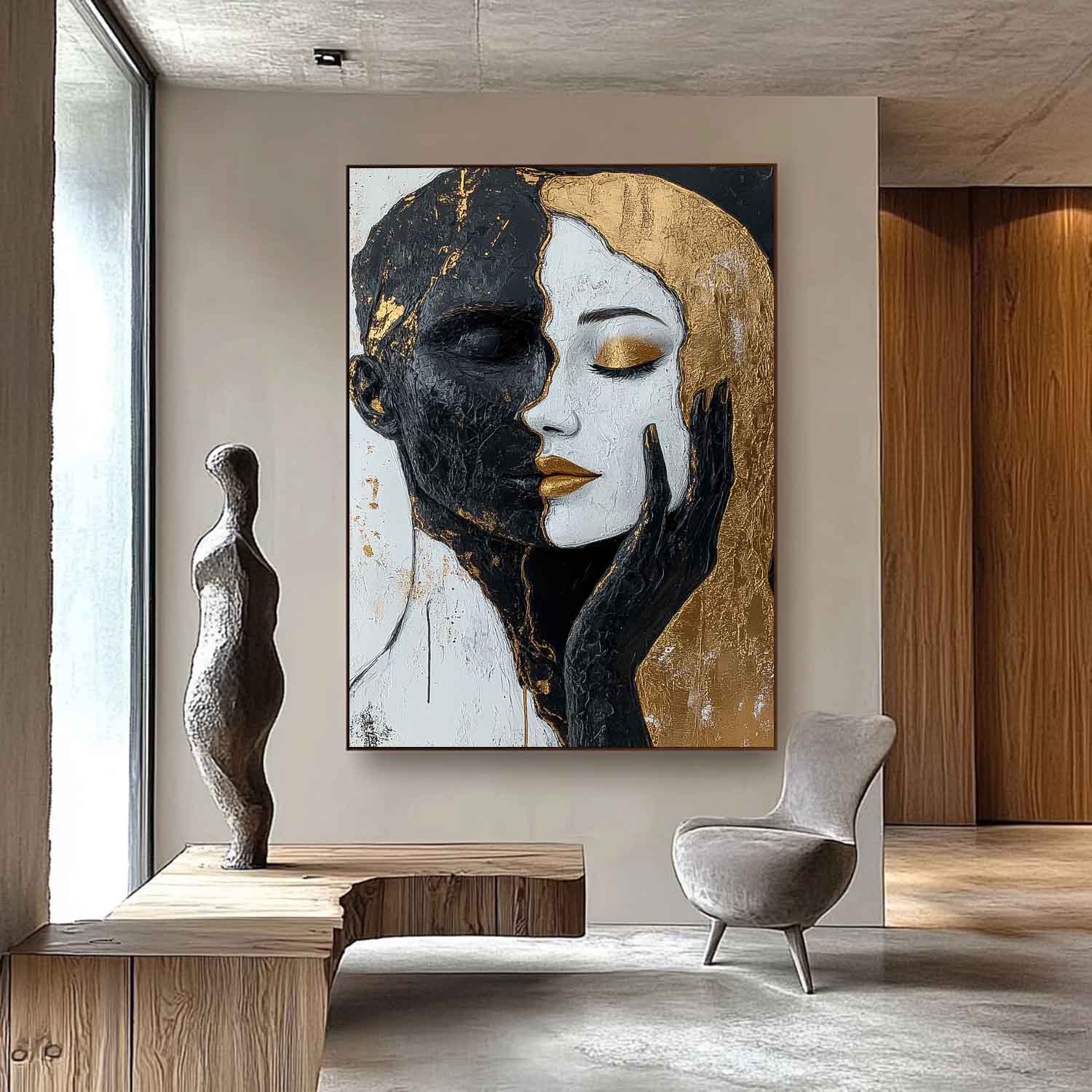 Large Duet Acrylic Painting Abstract Black And Gold Artwork Original Lovers Contemporary Wall Art Framed