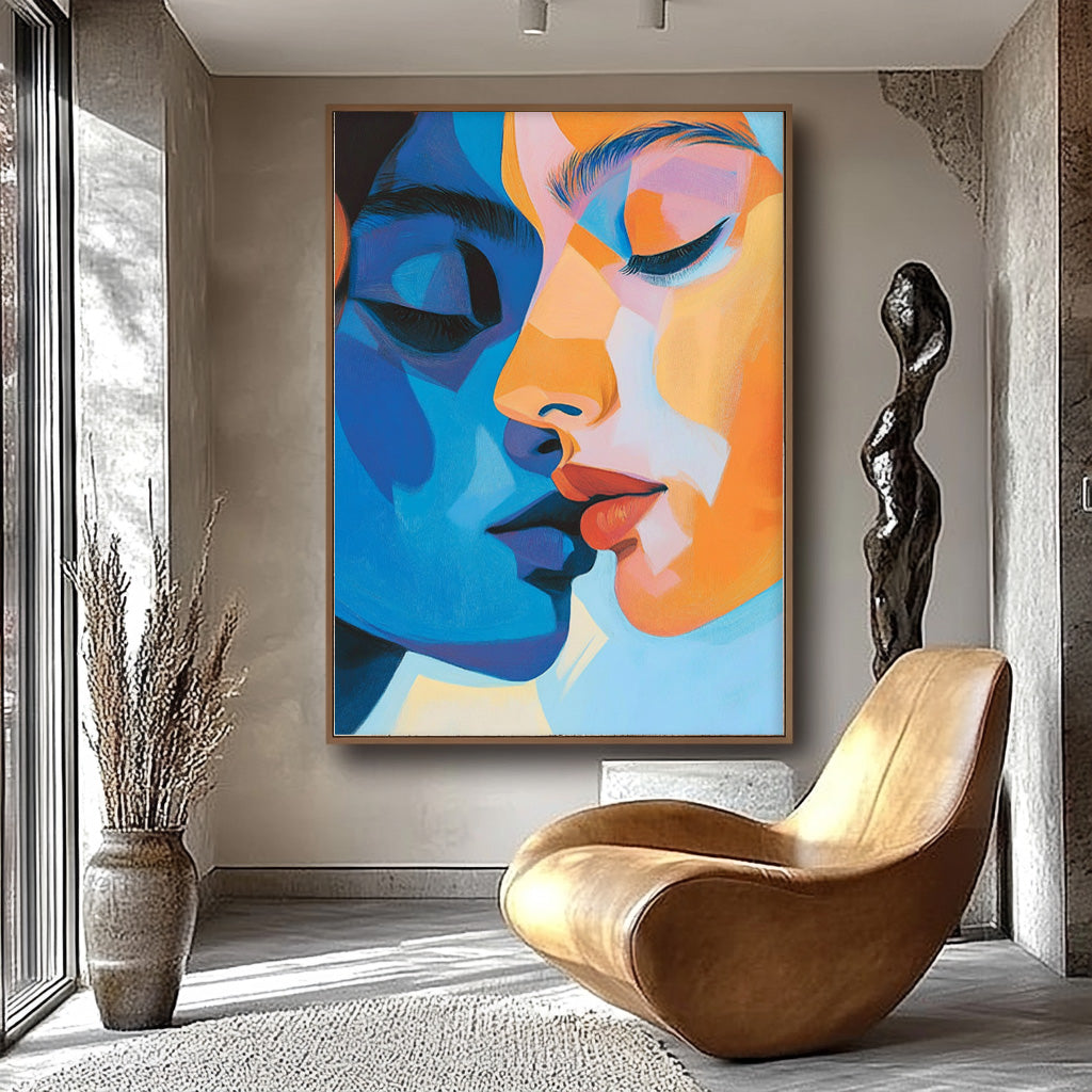 Figure Abstract Painting Two persons Face Wall Art Lady Oil Painting On Canvas Framed For Living Room