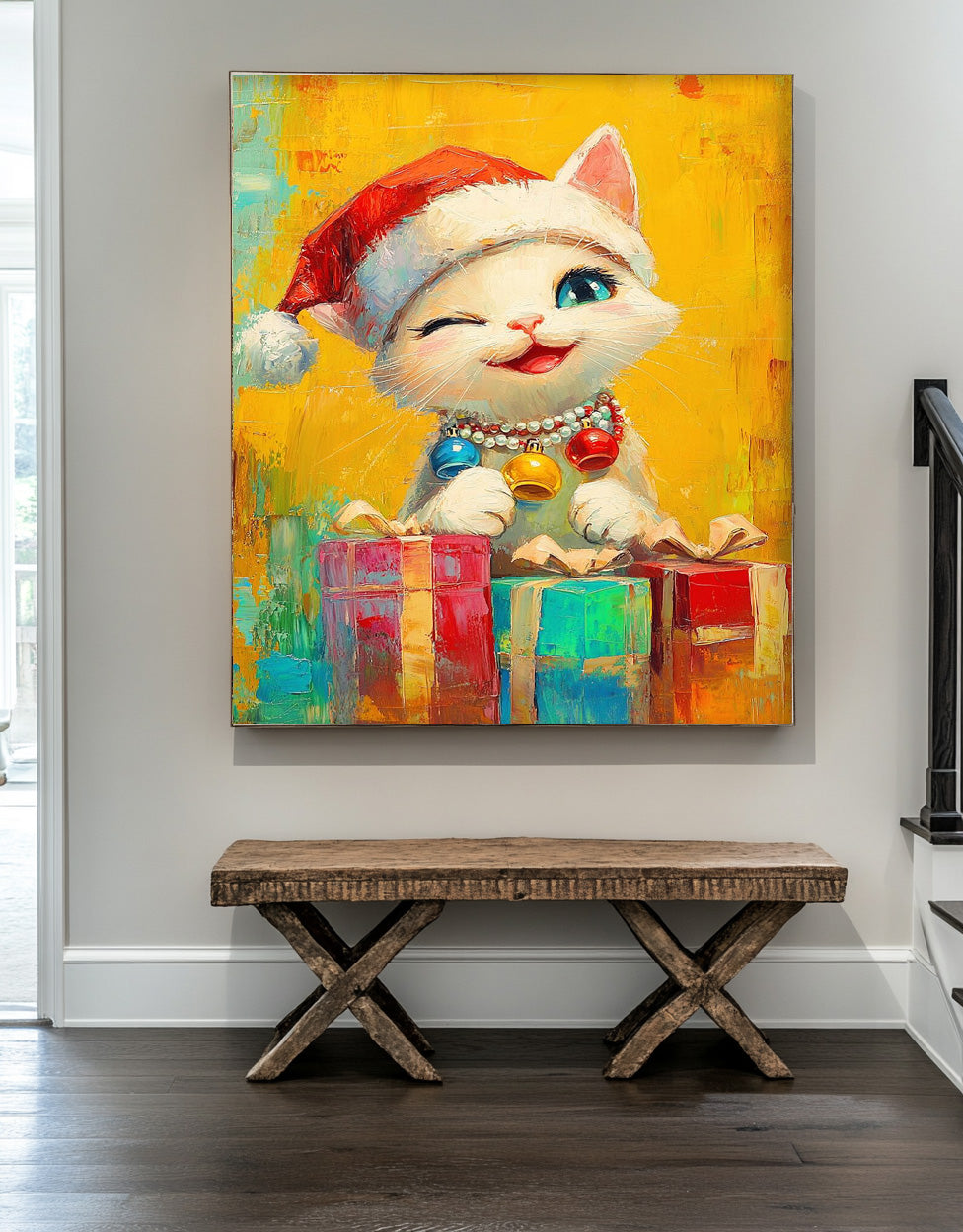 Large Christmas Cat Oil Painting Cat Holding A Gift Wall Art Texture Christmas Animal Oil Painting decor Art
