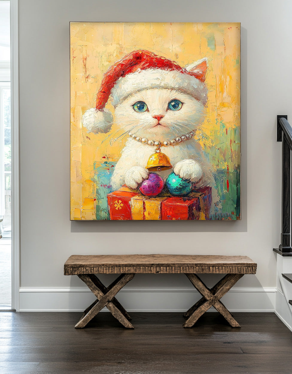 Texture Christmas Animal Oil Painting Large Christmas Cat Oil Painting Cat Holding A Gift Wall Art decor Art