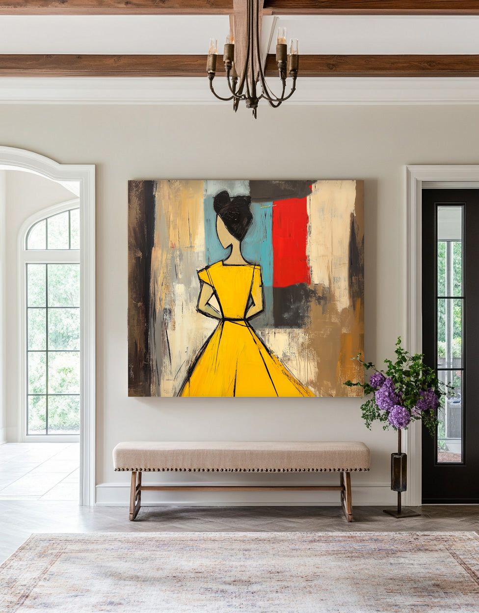 Contemporary Horizontal Wall Art Modern Minimal Abstract Lady Oil Painting Yellow Figure Contour Home Decor
