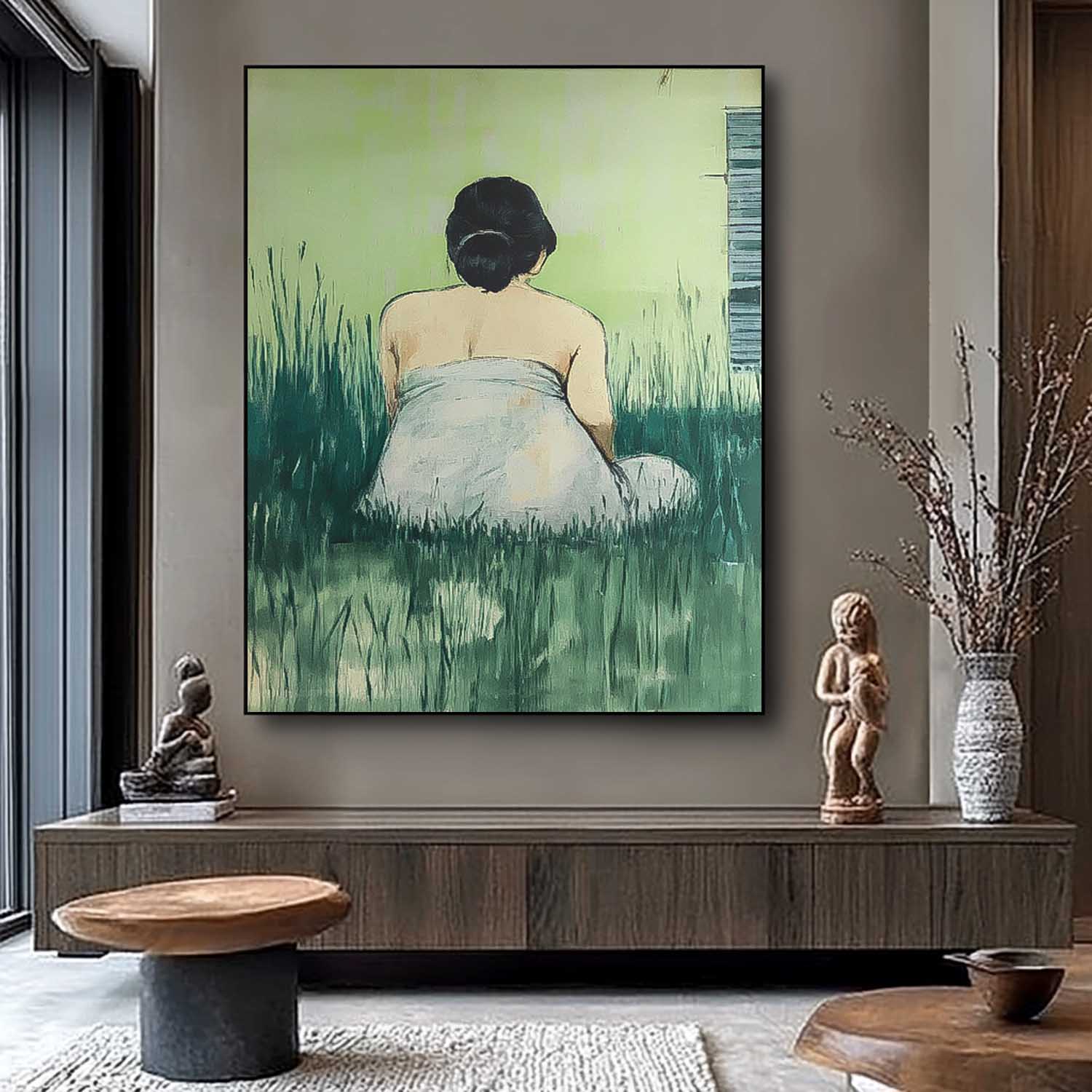 Girl Back Wall Art painting Abstract Lady Acrylic Painting Large Woman in the grass Artwork Home Decor