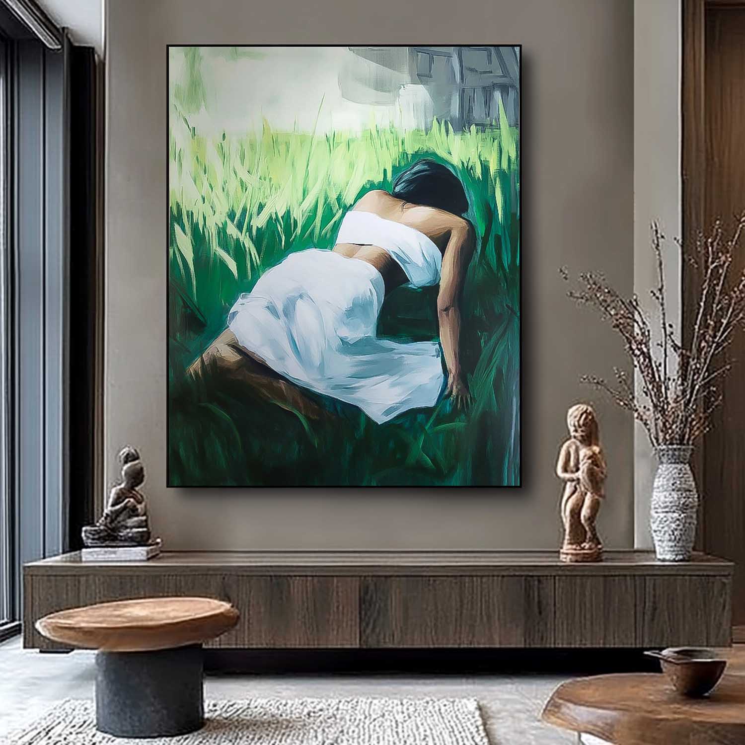 Large Woman In The Grass Artwork Girl Back Wall Art painting Abstract Lady Acrylic Painting Home Decor
