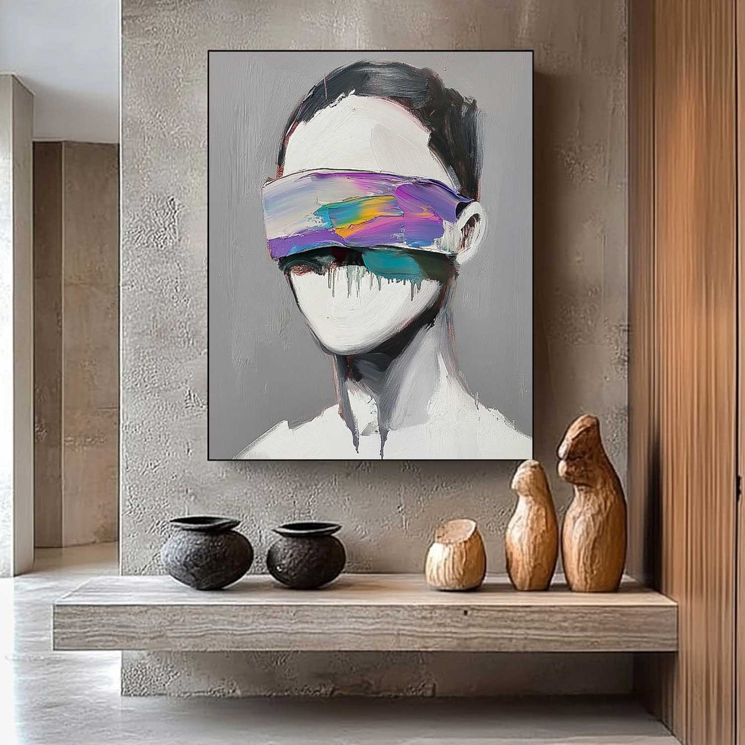 Original Faceless Portrait Contemporary Wall Art Large Grey Acrylic Painting Framed Abstract Artwork