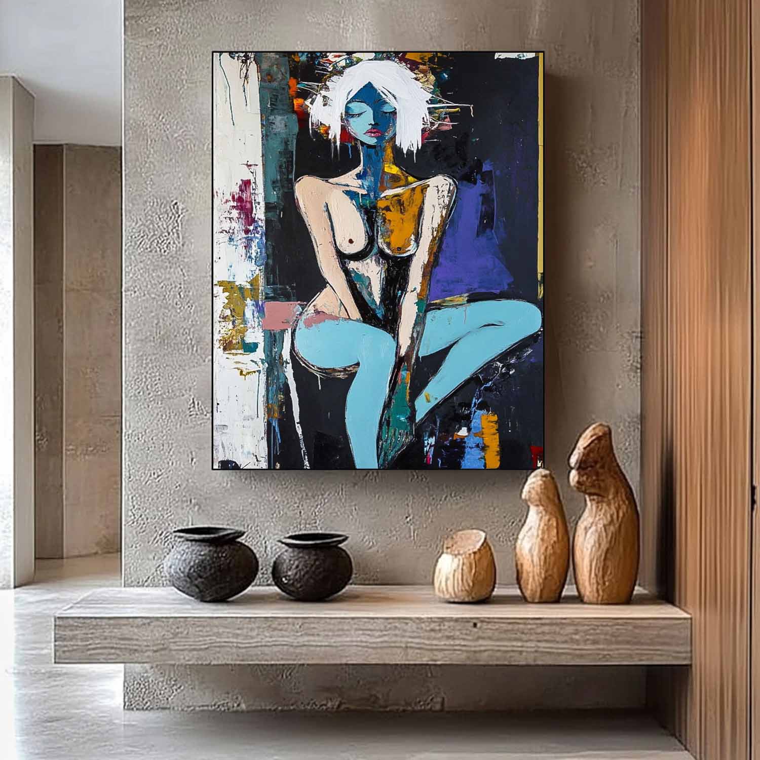 Large Girl Portrait Painting Abstract Lady Painting Woman Artwork Original Dark Style Wall Art Framed