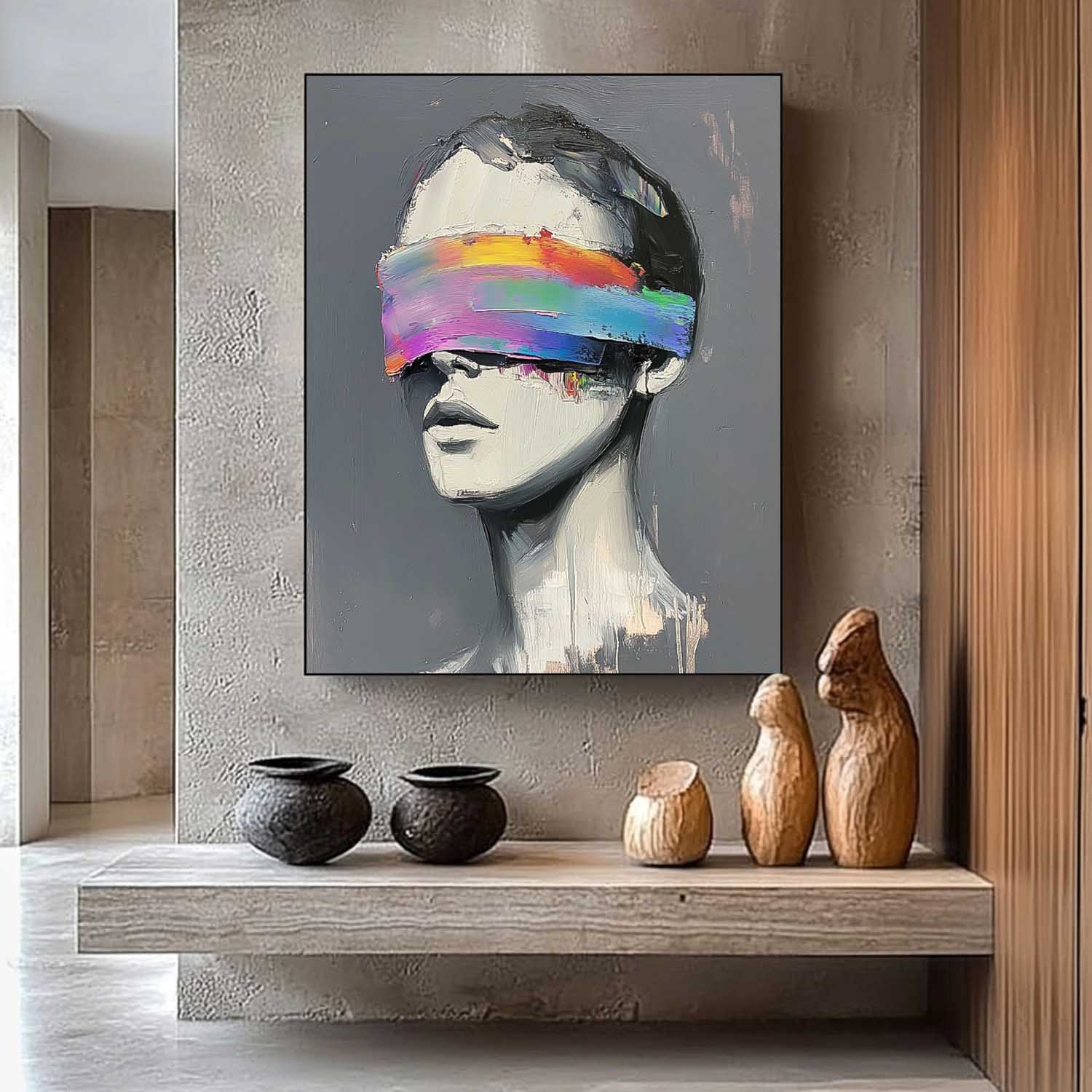Abstract Artwork Large Grey Acrylic Painting Framed Original Faceless Portrait Contemporary Wall Art