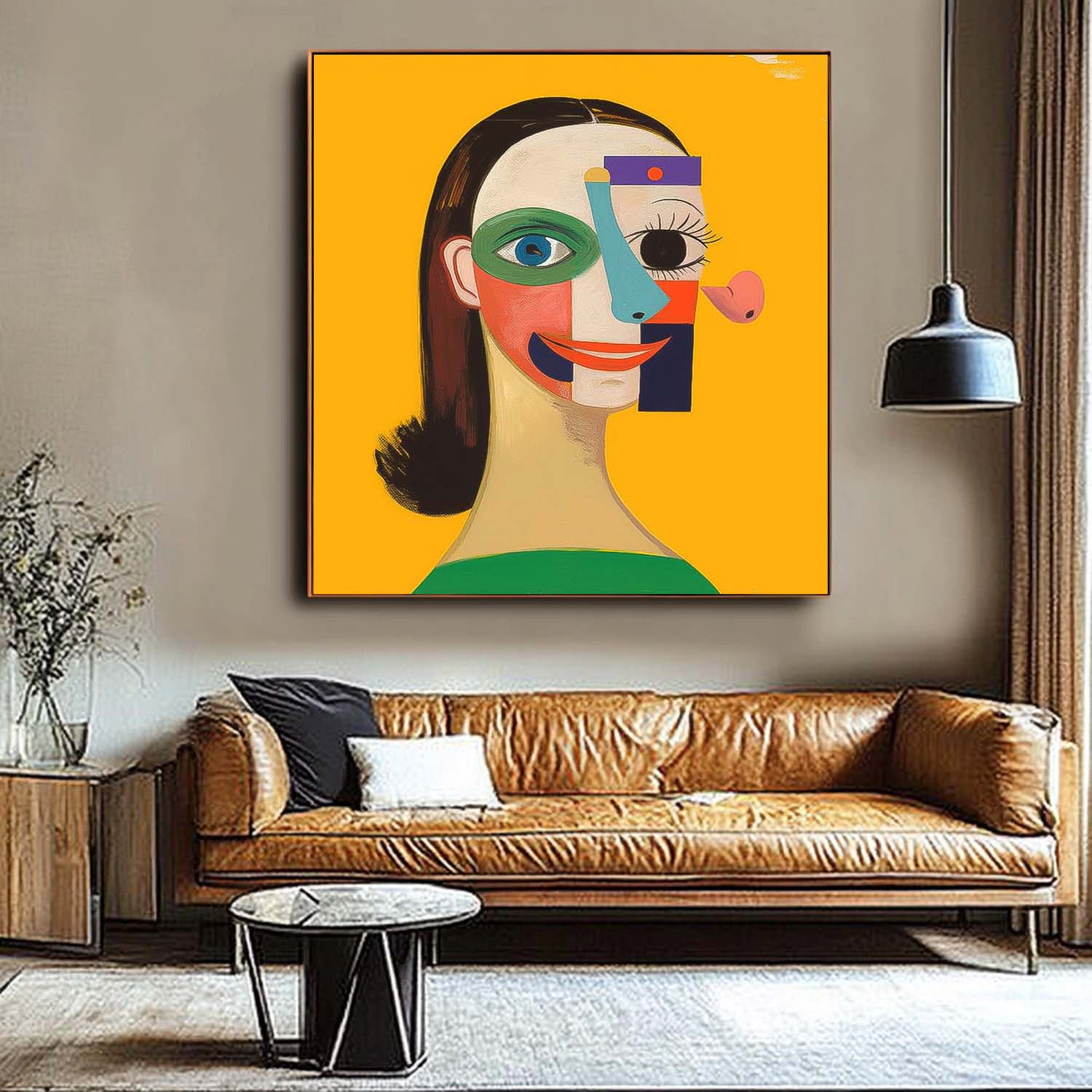 Abstract Geometric Face Lady Wall Art Origina Woman Acrylic Painting Canvas Square Large Girl Artwork