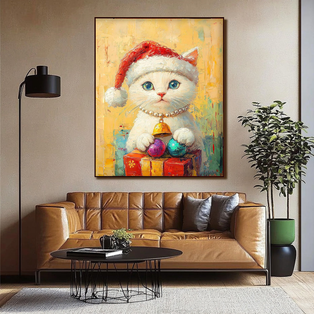 Texture Christmas Animal Oil Painting Large Christmas Cat Oil Painting Cat Holding A Gift Wall Art decor Art