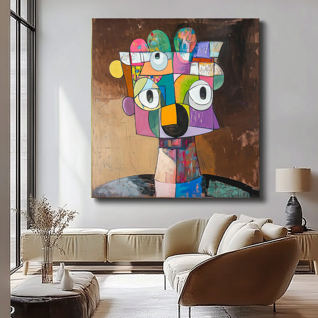 Square Large Irregular Portrait Artwork Abstract Face Wall Art Origina Acrylic Painting Canvas Framed