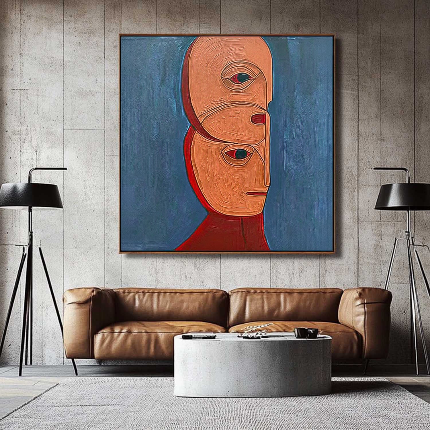 Square Large Abstract Portrait Wall Art Original Warm Color Textured People Painting Canvas Home Decor