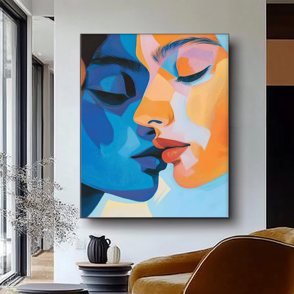 Figure Abstract Painting Two persons Face Wall Art Lady Oil Painting On Canvas Framed For Living Room