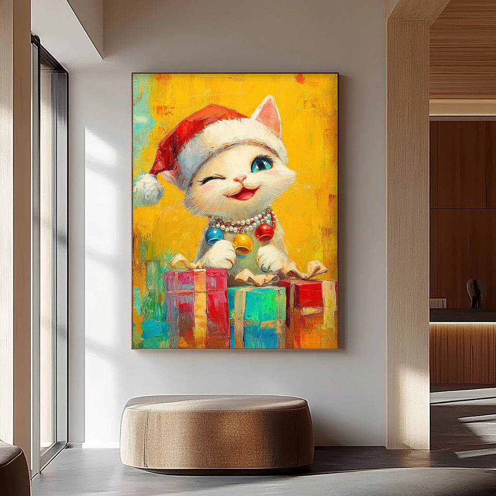 Large Christmas Cat Oil Painting Cat Holding A Gift Wall Art Texture Christmas Animal Oil Painting decor Art