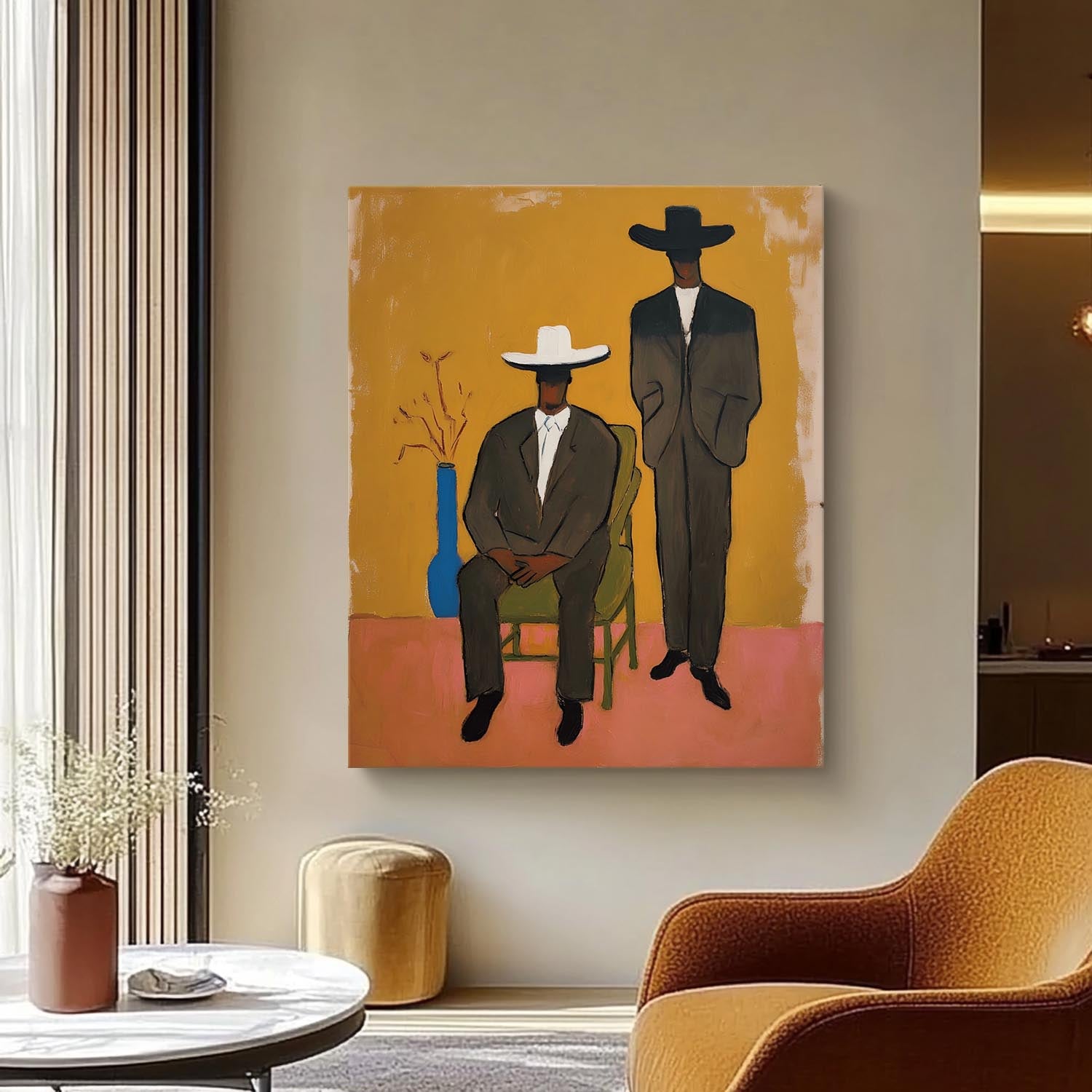 Gentlemen In Suits & Fedoras Painting Vintage Modern Abstract Art For Living Room Unique Home Accent