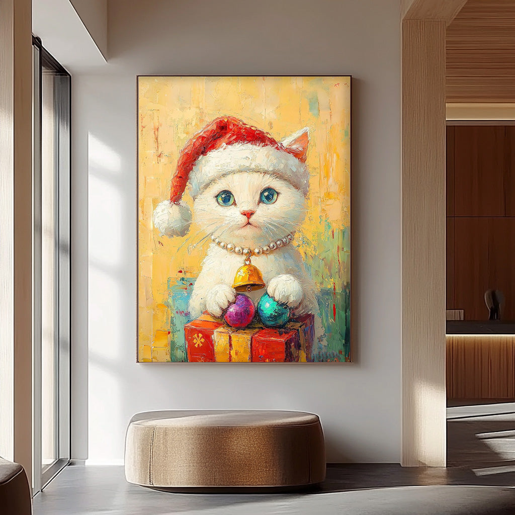 Texture Christmas Animal Oil Painting Large Christmas Cat Oil Painting Cat Holding A Gift Wall Art decor Art