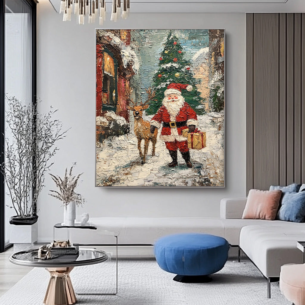 Christmas Wall Art Vintage Santa Claus Christmas Tree and Painting Rustic Classic Santa Xmas Holiday Decor